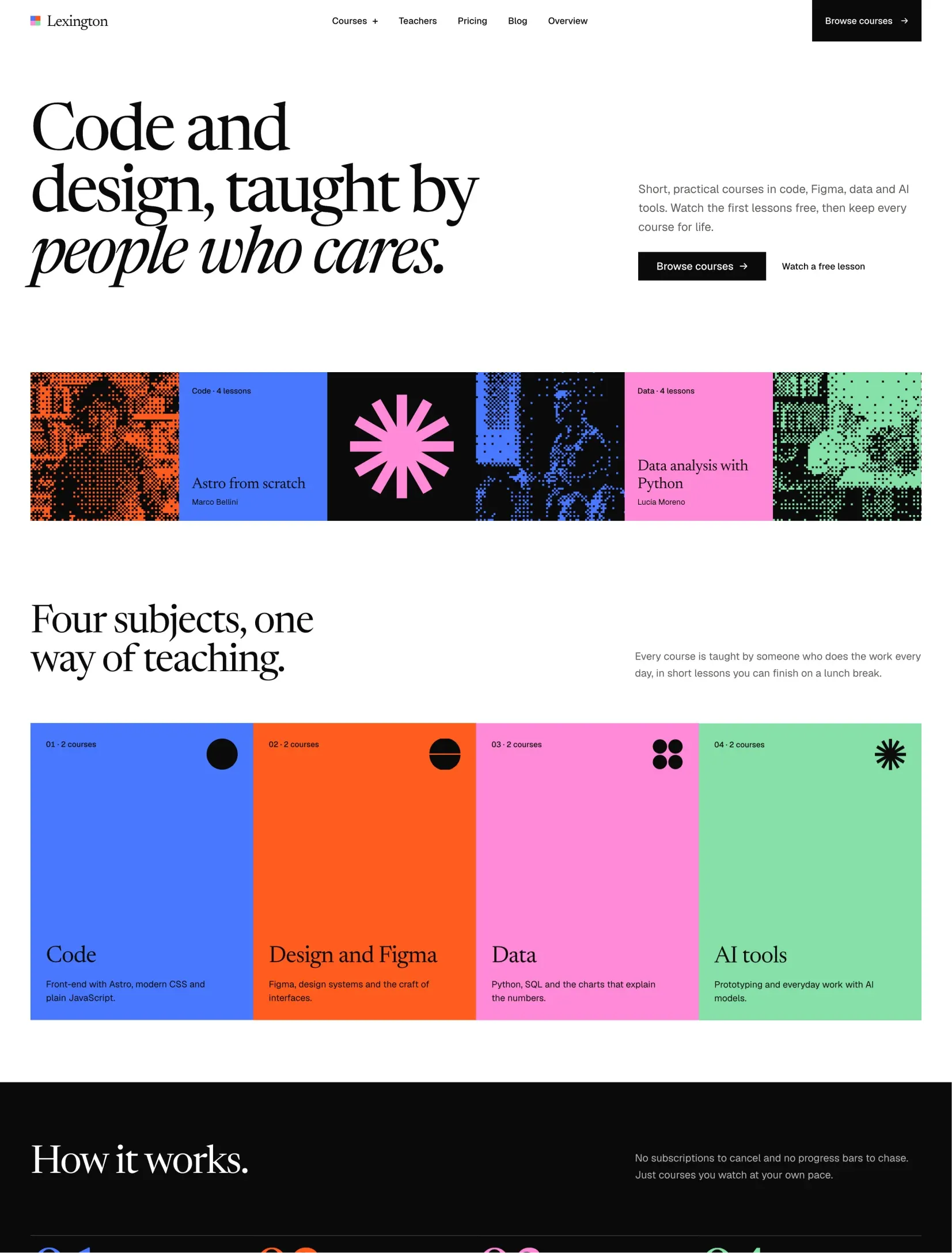 Enlightr homepage with a big serif headline, a strip of dithered teacher portraits and colour course tiles, and four topic tiles