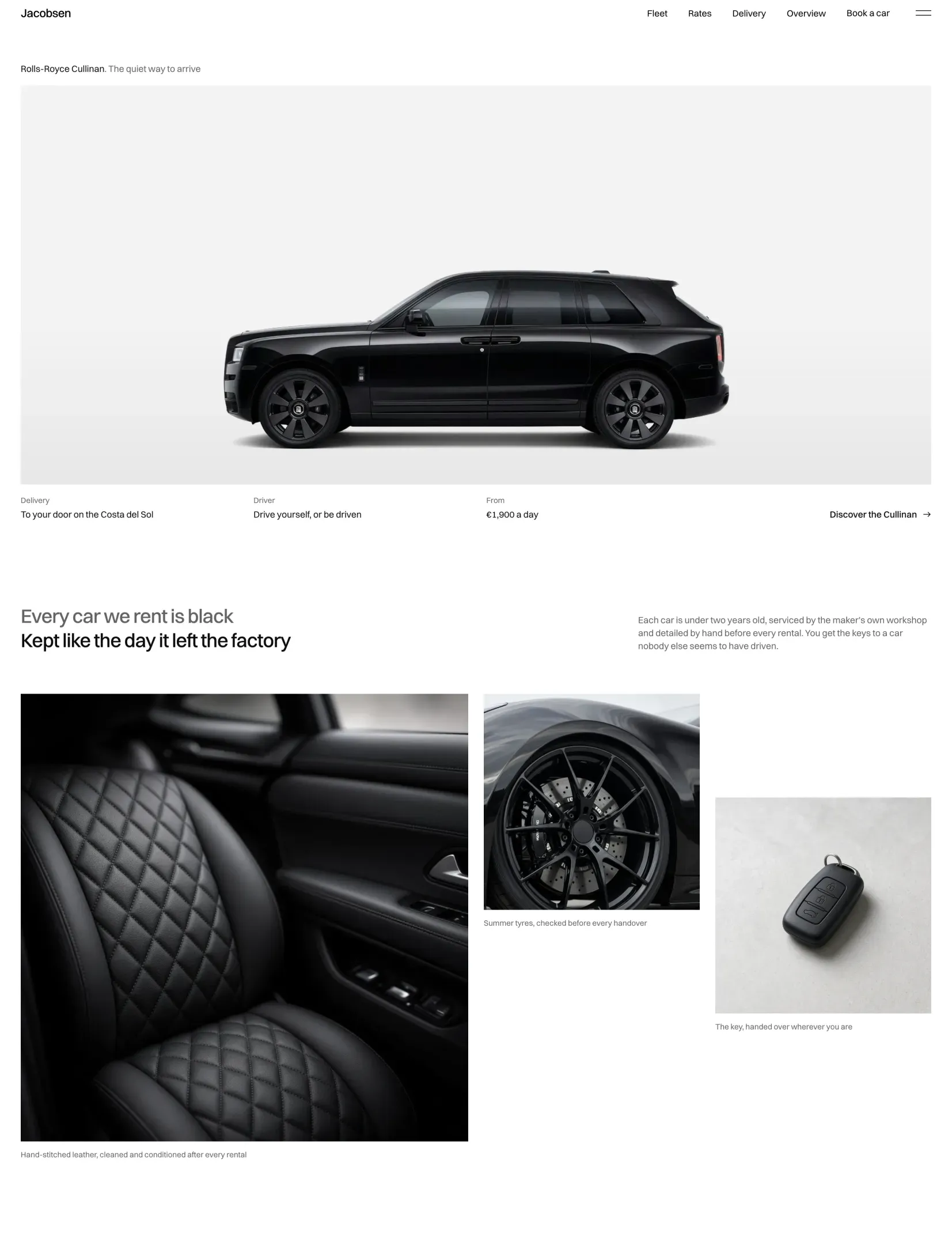 Jacobsen homepage with a black Rolls-Royce Cullinan side on in a pale grey studio