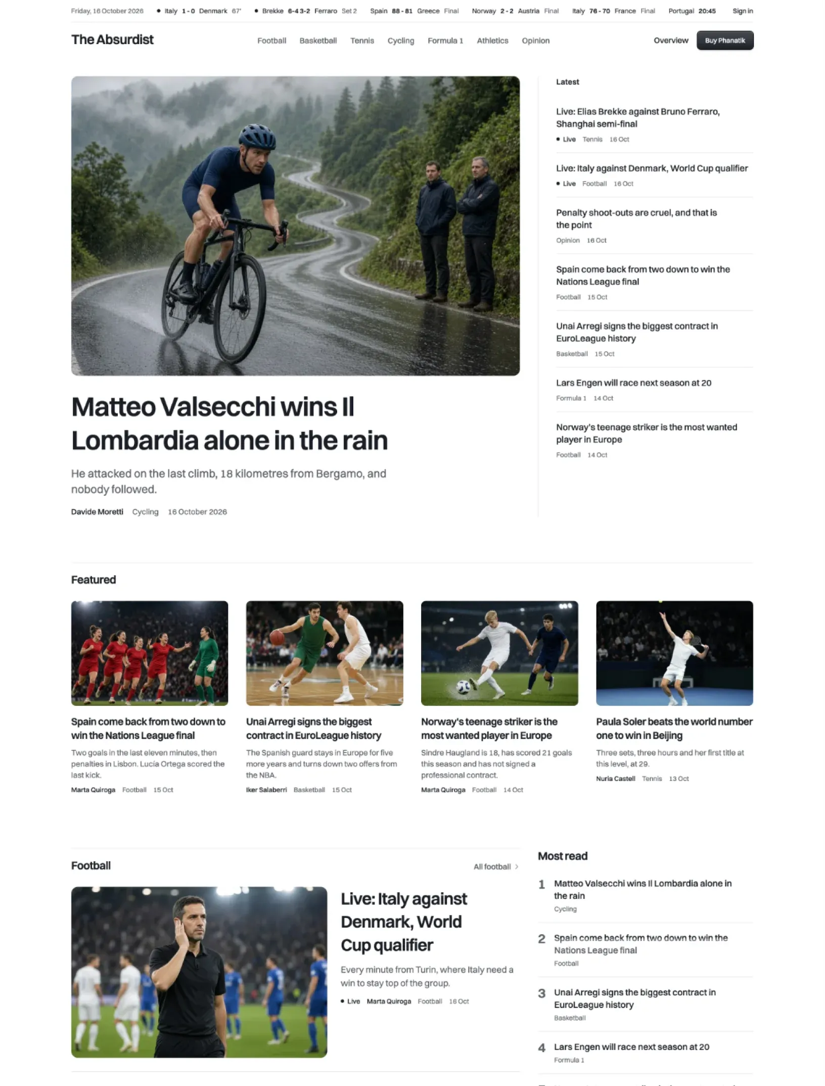 Phanatik home page with the scores ticker and navigation, a lead story of a cyclist alone on a wet mountain road beside a Latest column, four featured story cards and the football section with most read