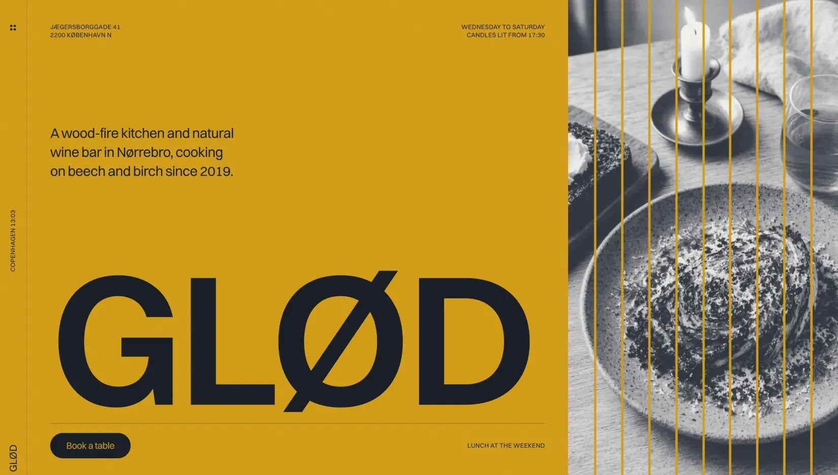 Ottis restaurant homepage with the name set large on a mustard panel beside a food photo printed in shutter slats