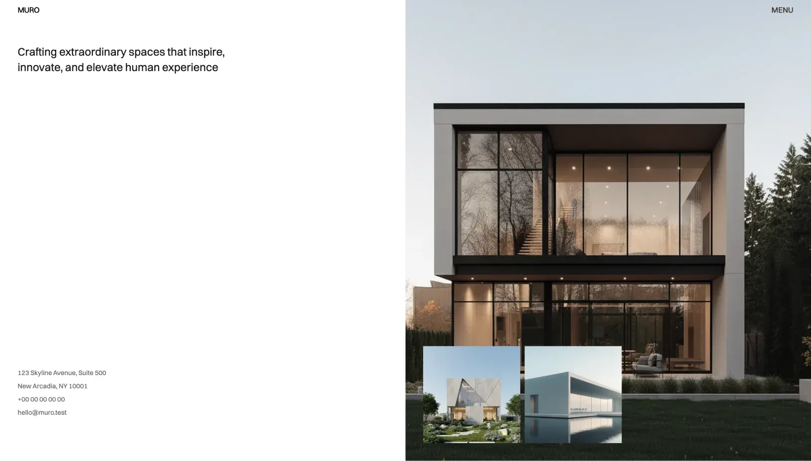 Matterhaus homepage with a split screen hero and two project images