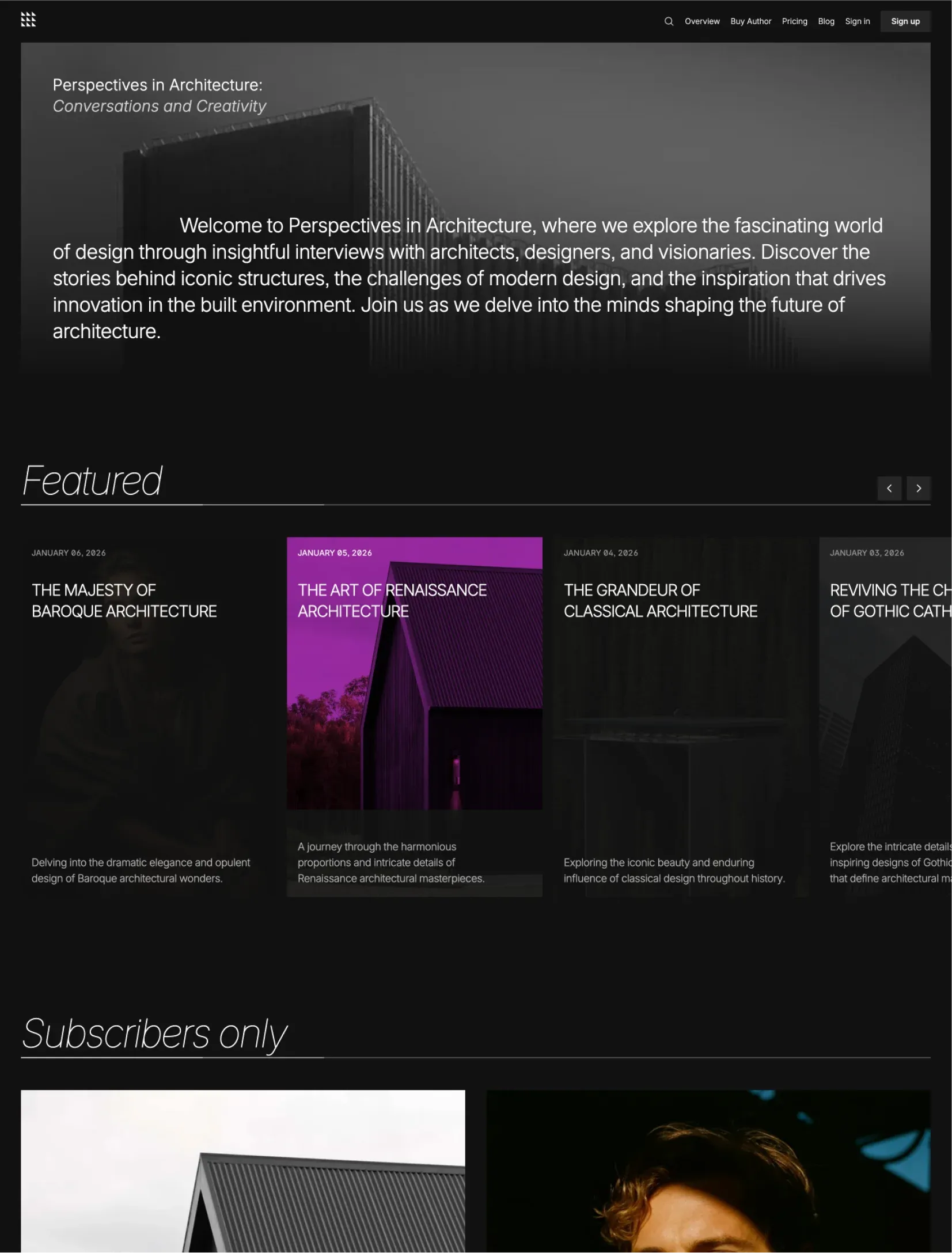 Author blog homepage layout