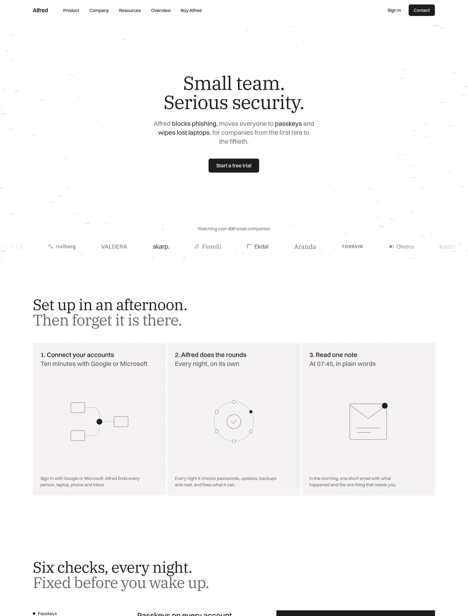 Alfred home with Small team, Serious security over drifting streaks, a customer logo marquee, and Set up in an afternoon in three grey cards with line drawings