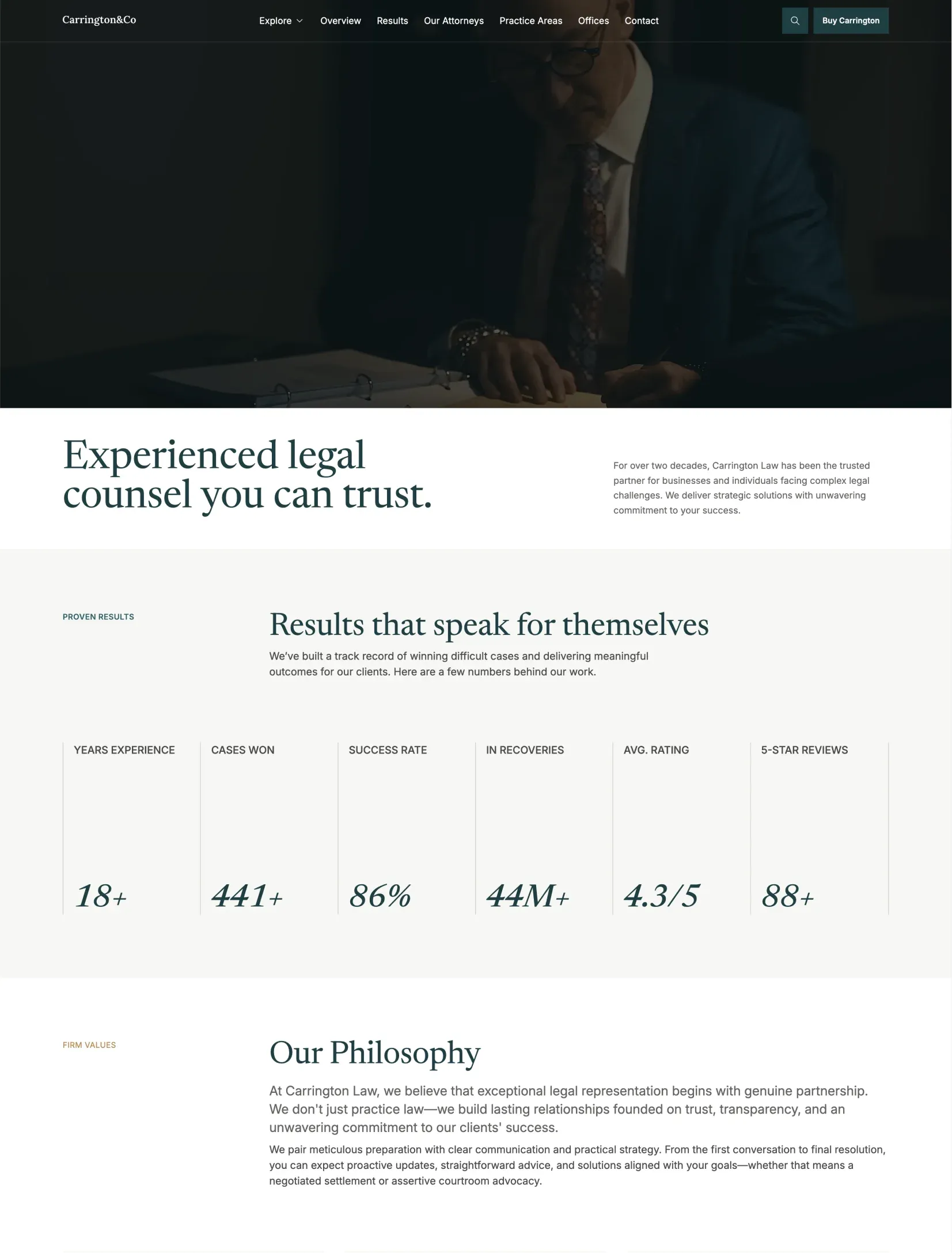 Carrington law firm homepage with practice areas and hero video