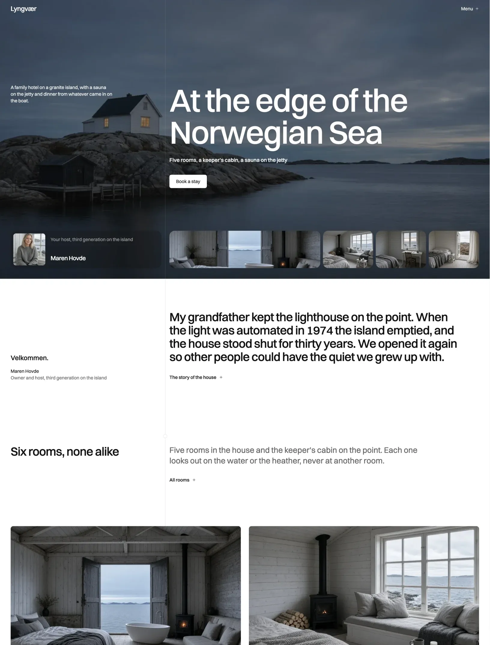 Author home page hero with the white island house at blue hour, a host card for Maren Hovde and a row of room photos, above a welcome from the host set in large type and the rooms section
