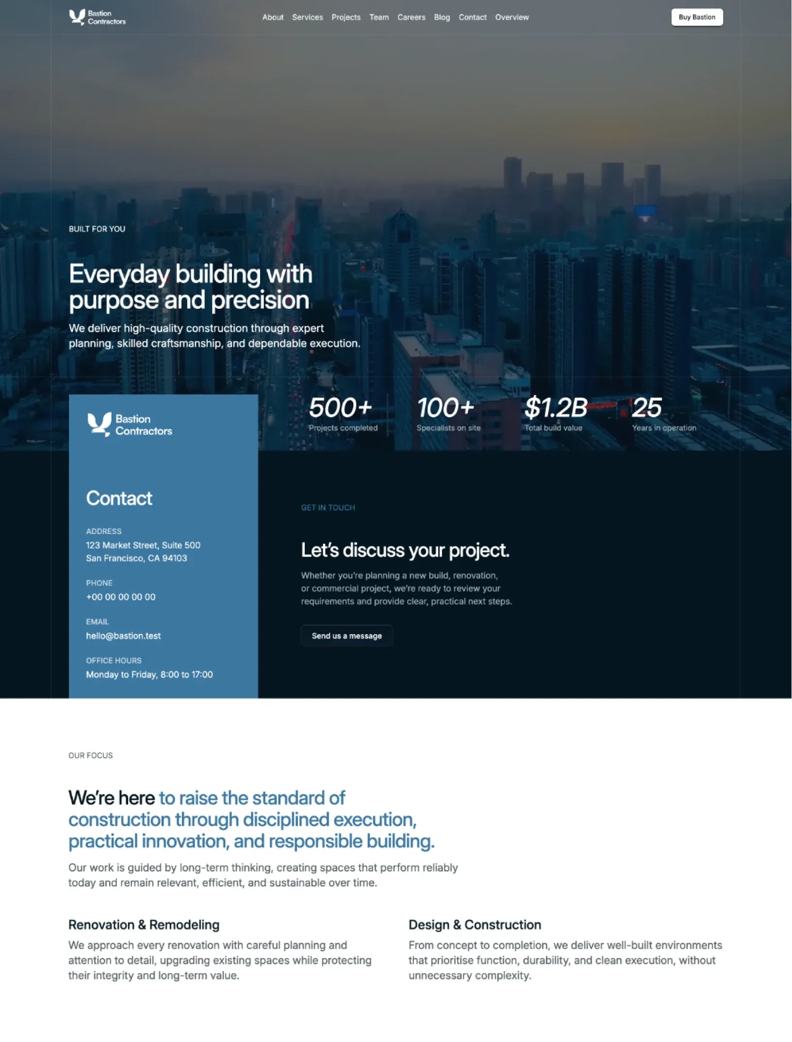 Bastion homepage with a video hero over a dusk skyline, project stats, a steel blue contact card and the Our focus section