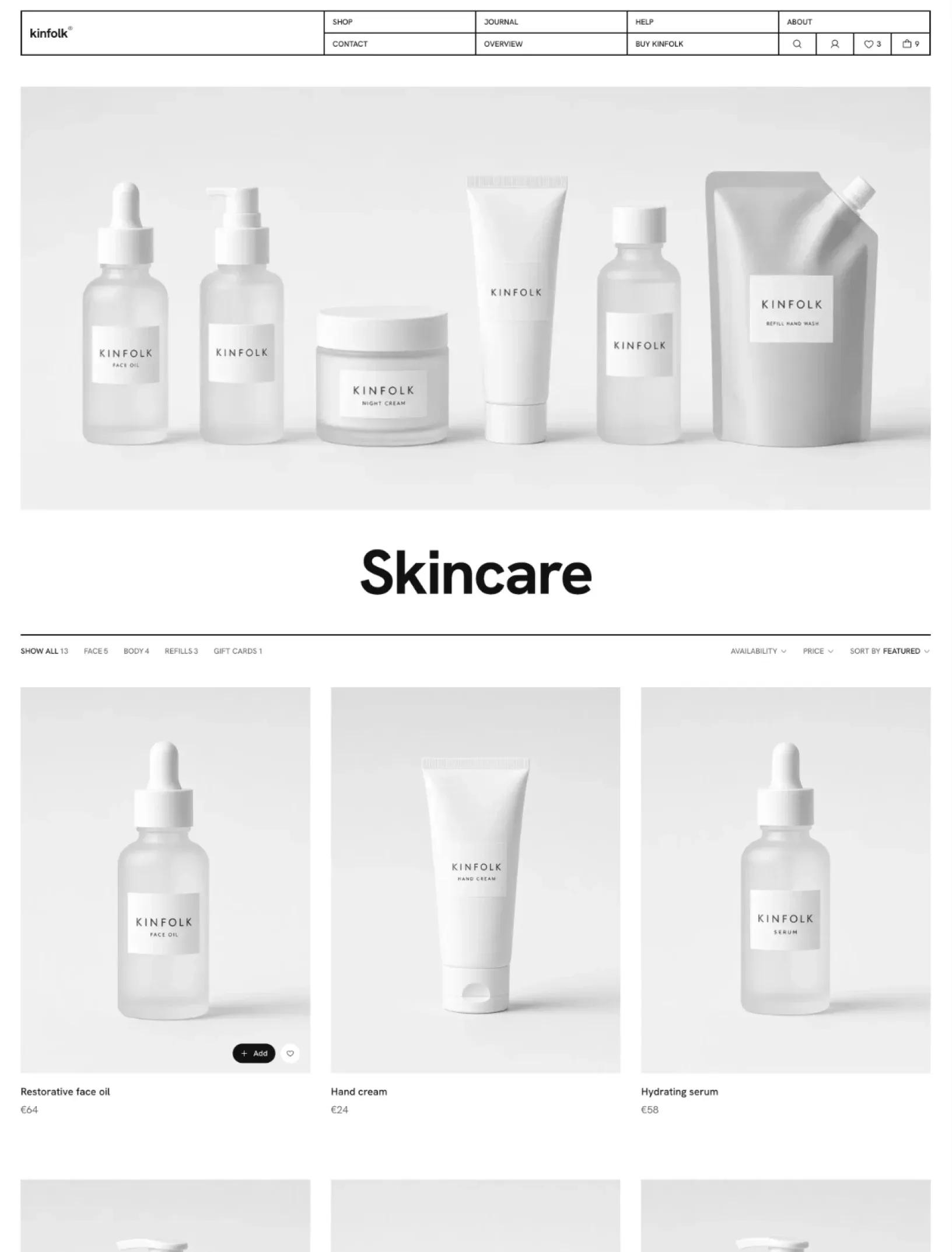 Kinfolk home with the bordered navigation grid, a wide photo of frosted bottles, a jar, a tube and a refill pouch, the Skincare title, category tabs with counts and the first product tiles