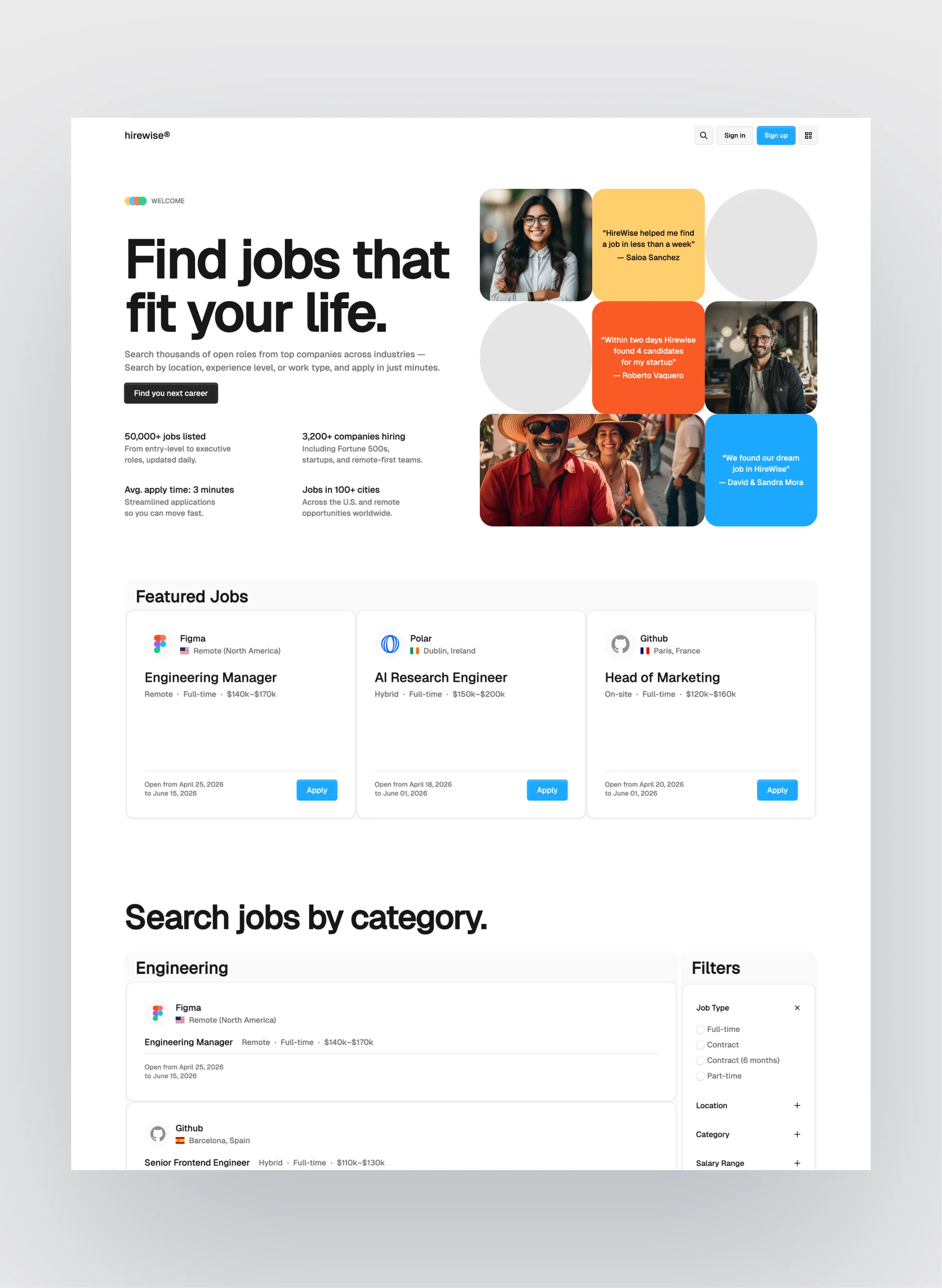 Hirewise job board homepage layout