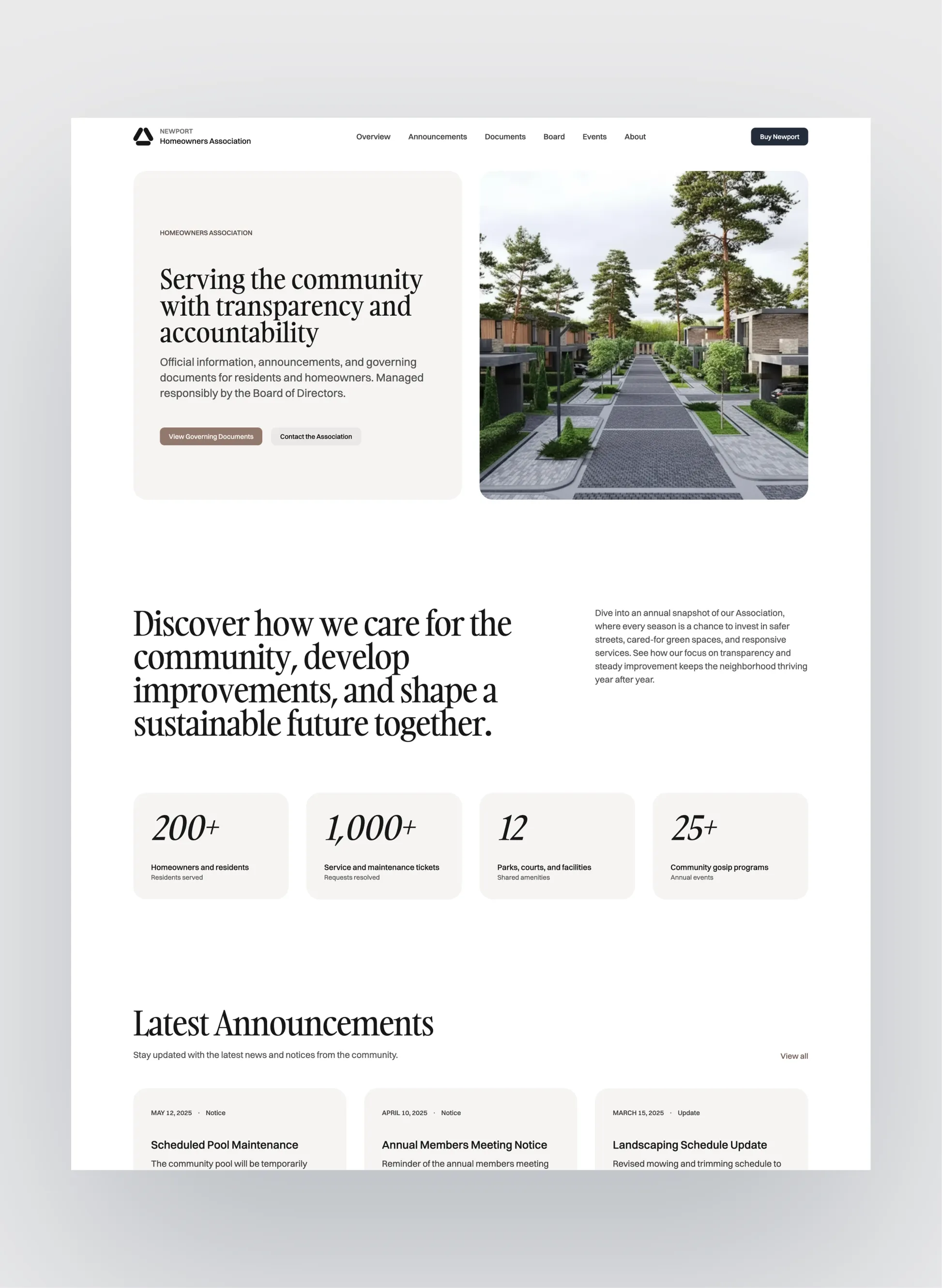 Newport HOA homepage with announcements and community overview