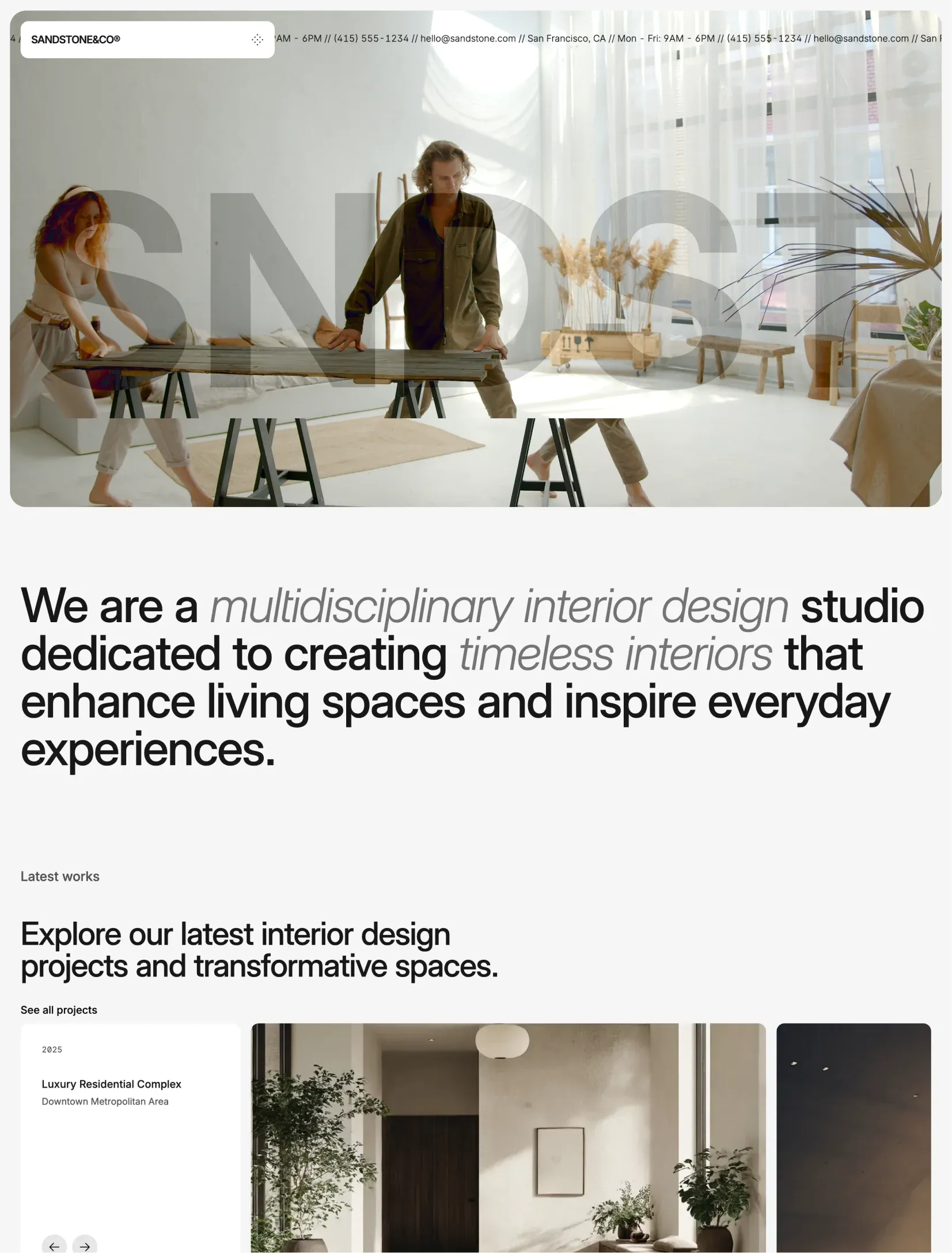 Sandstone interior design studio homepage layout