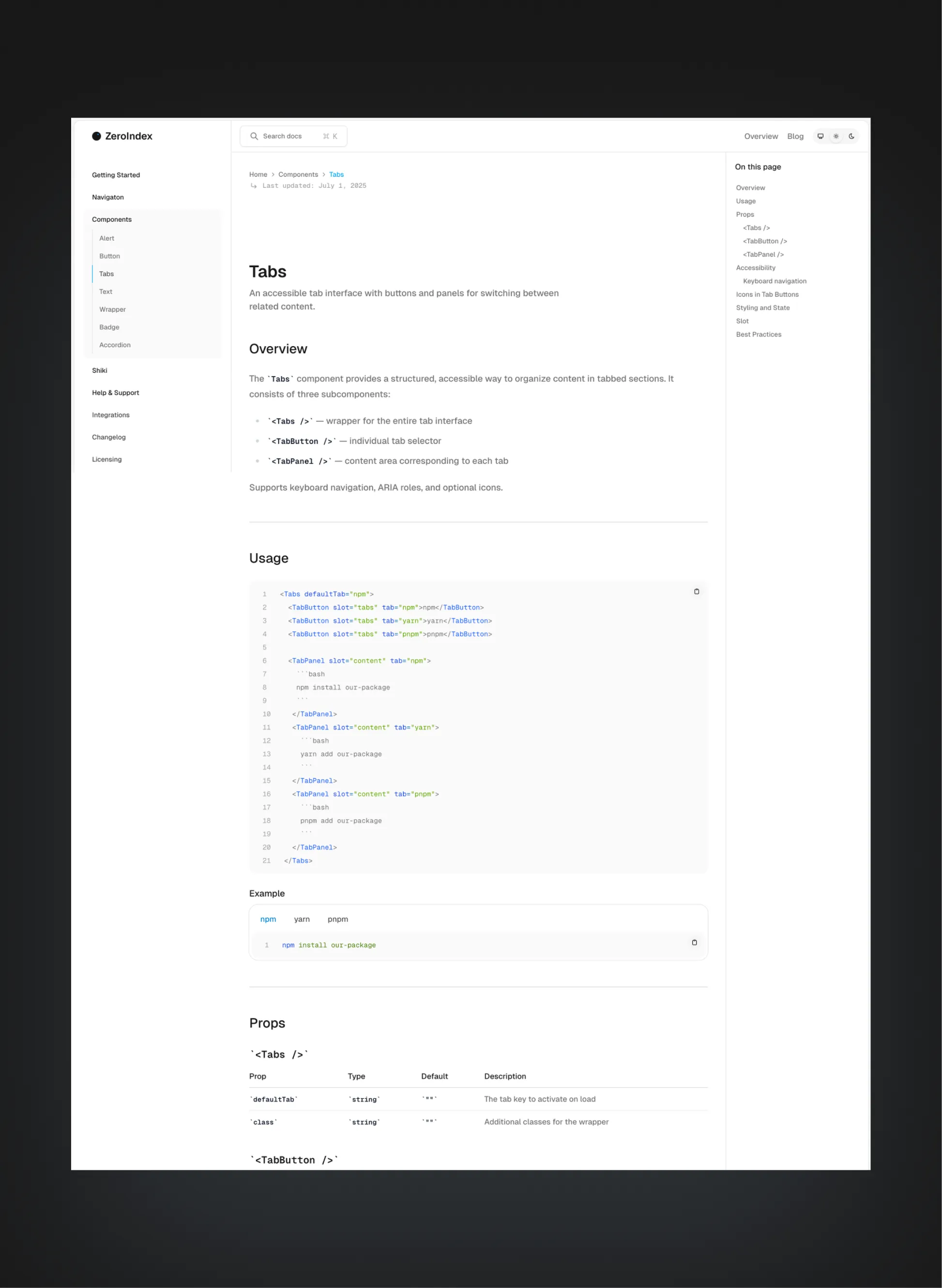 ZeroIndex documentation homepage layout