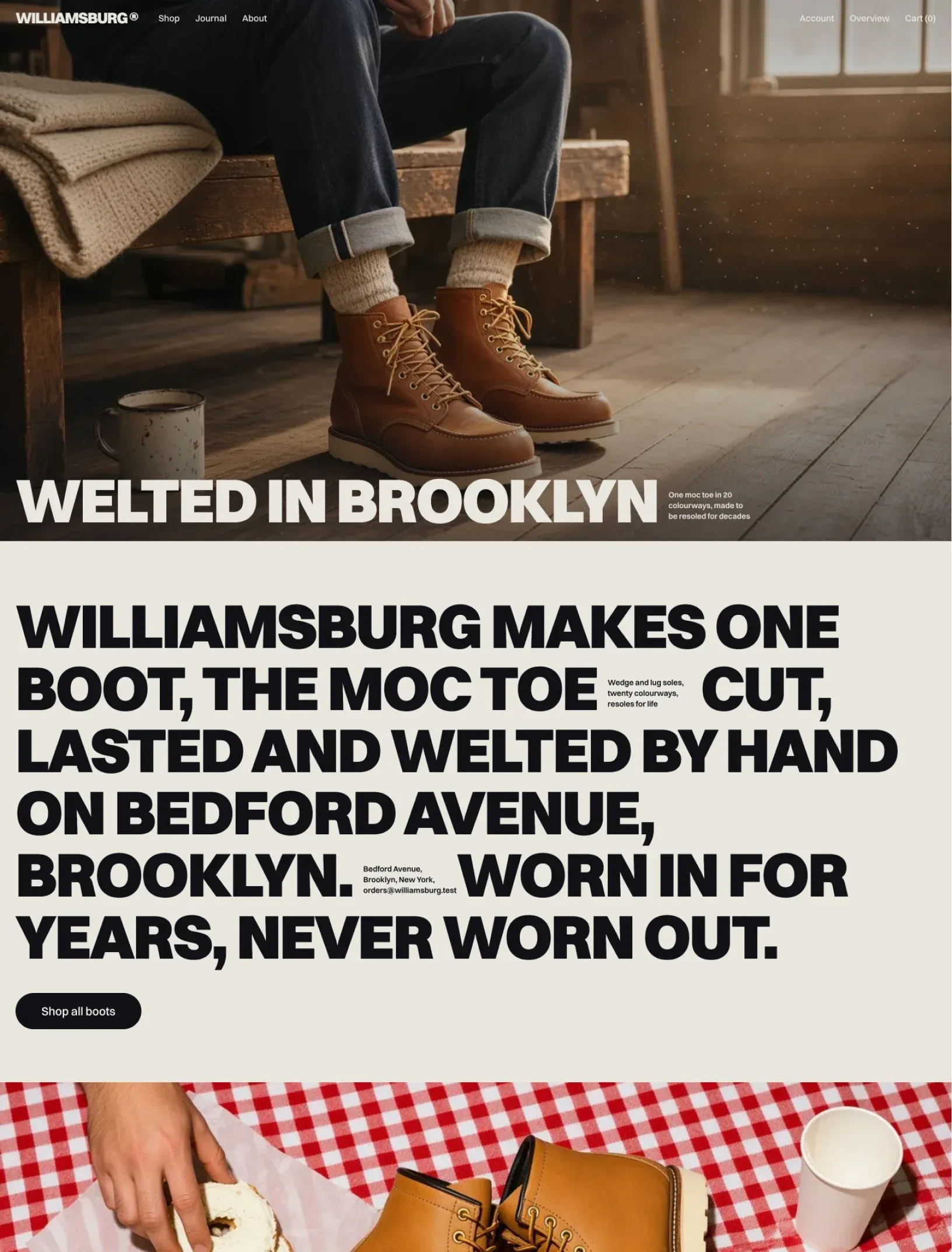 Williamsburg home with Welted in Brooklyn over a full screen photo of tan moc toe boots on a workshop bench, then the statement that Williamsburg makes one boot, the moc toe, with inline notes and a Shop all boots button