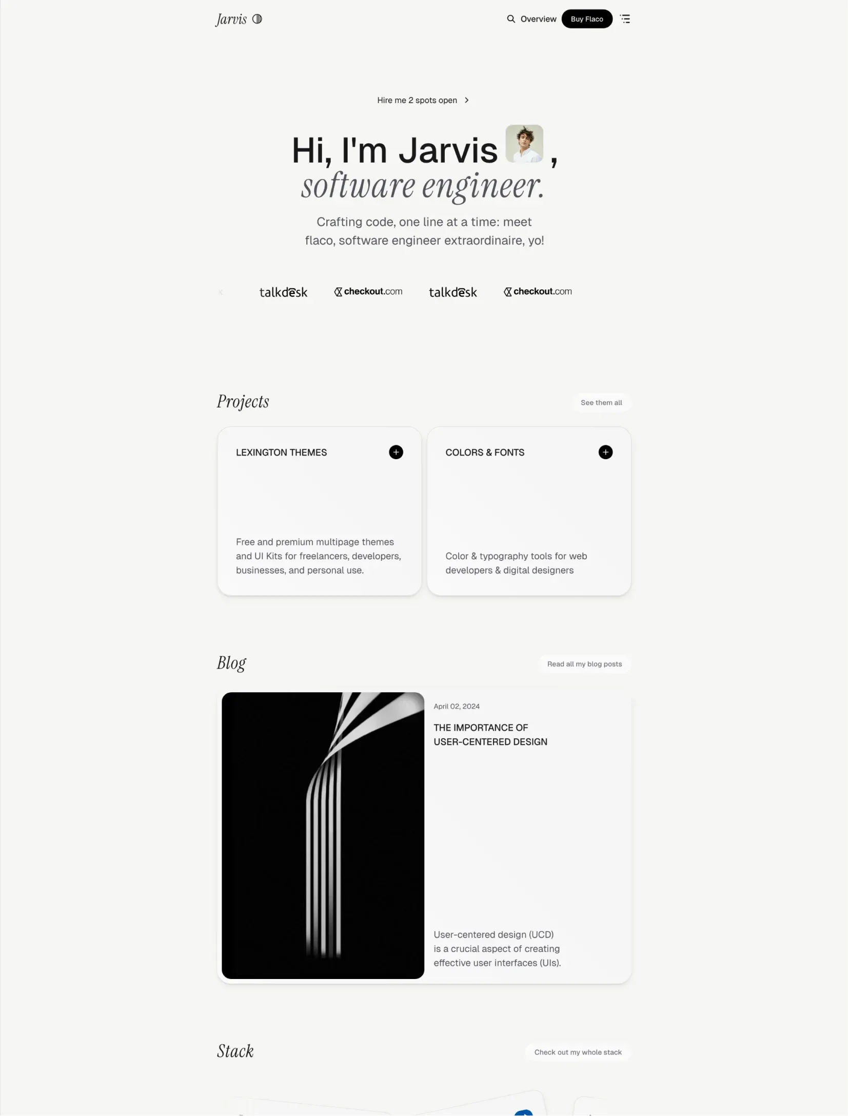 Flaco portfolio homepage layout