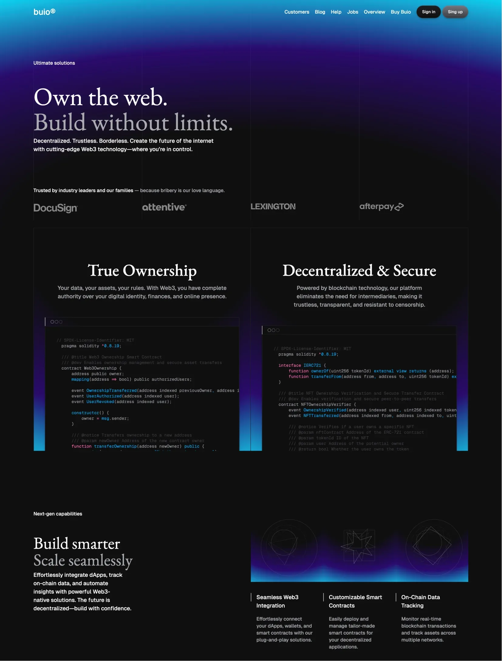 Buio Web3 homepage layout