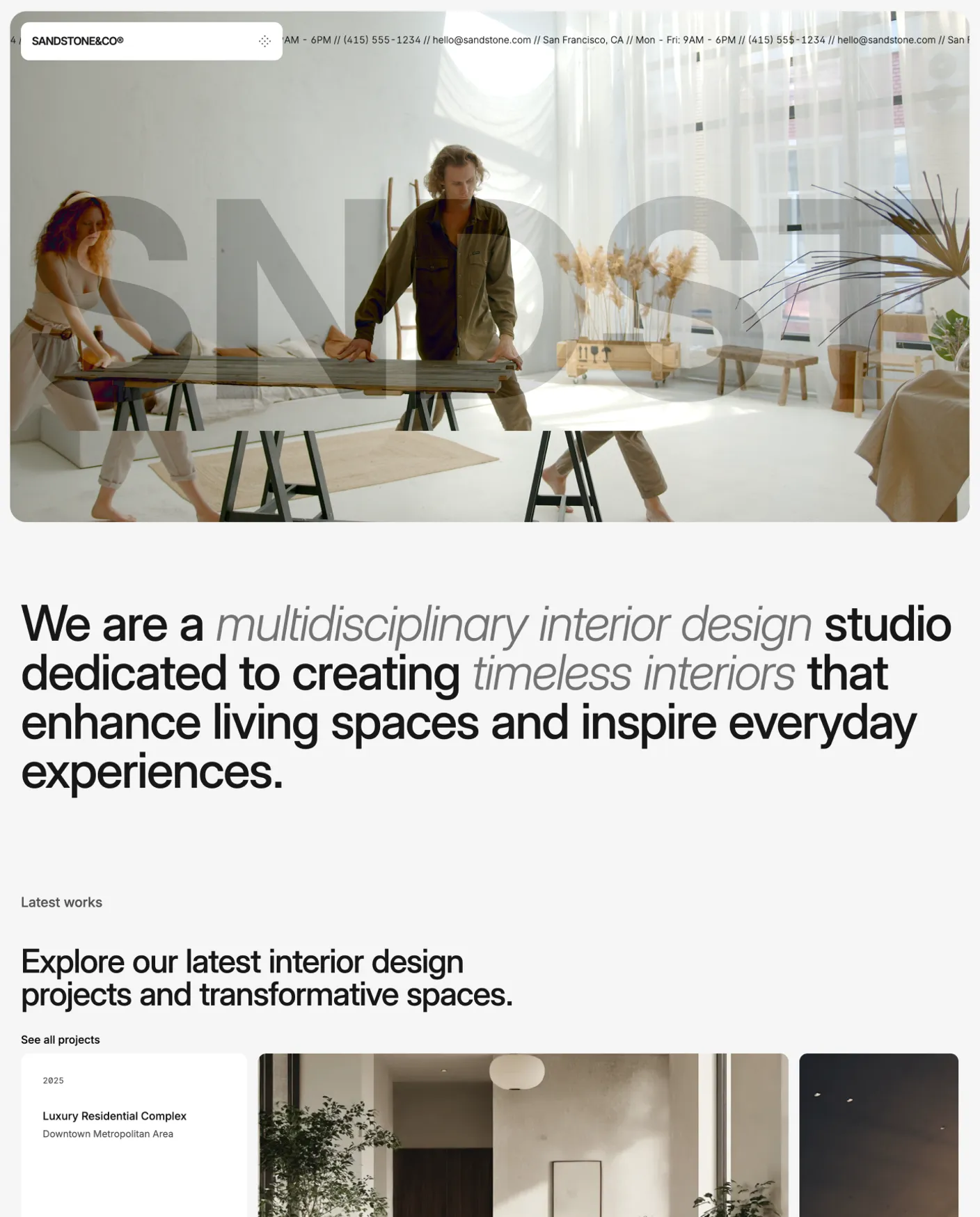 Sandstone interior design studio homepage layout