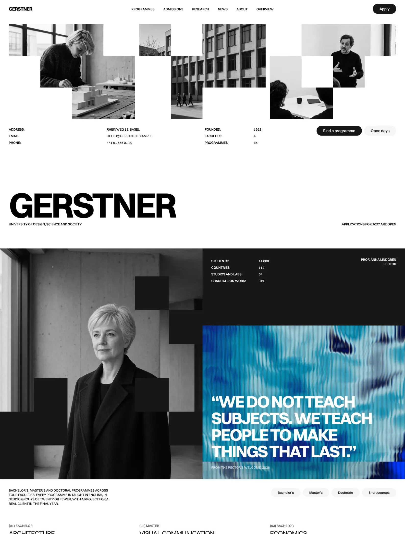 Gerstner university homepage with branded campus photos, facts and the rector's welcome on a shader