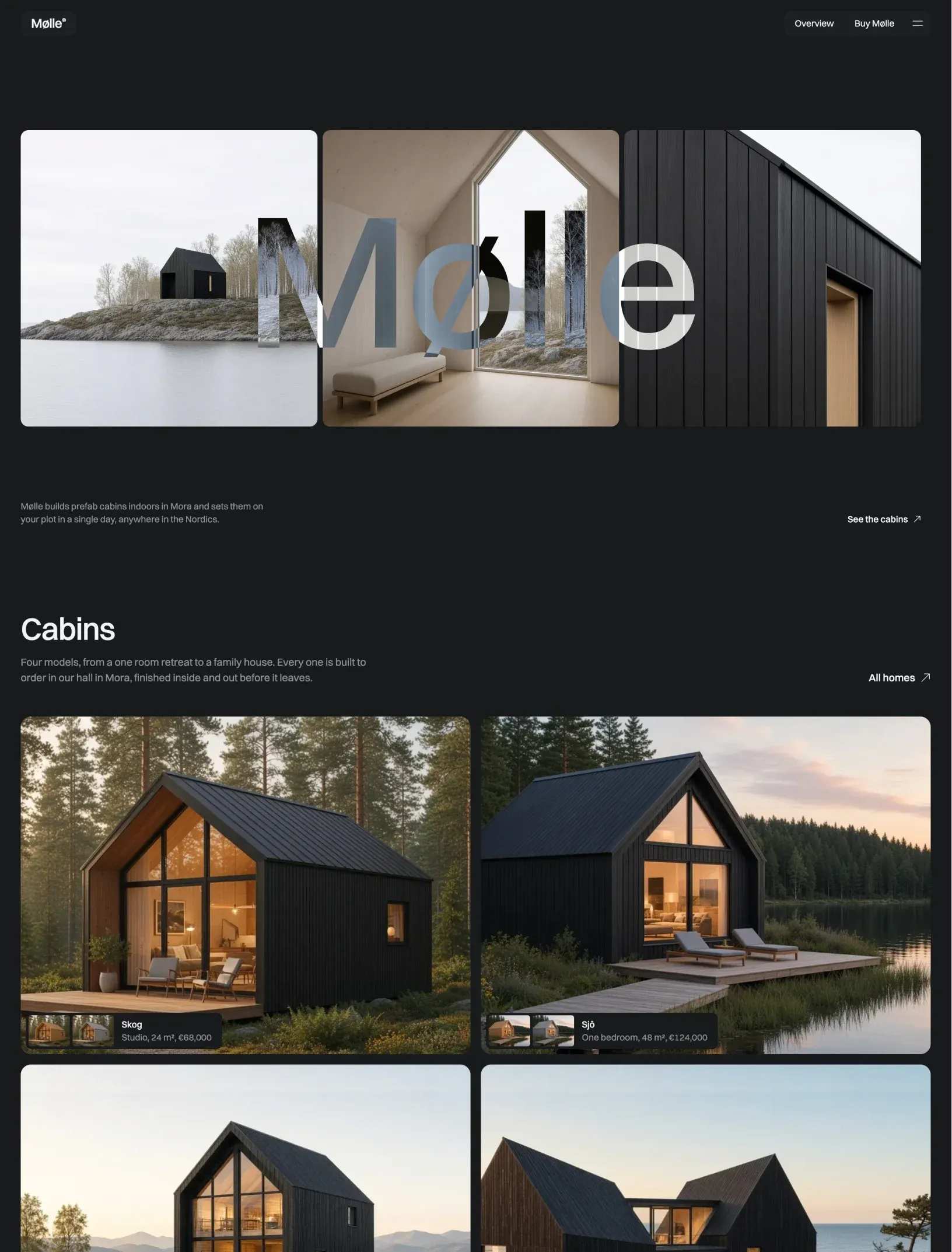 Mølle home page hero with three square cabin photos under a giant Mølle wordmark, above cabin cards with finish swatches