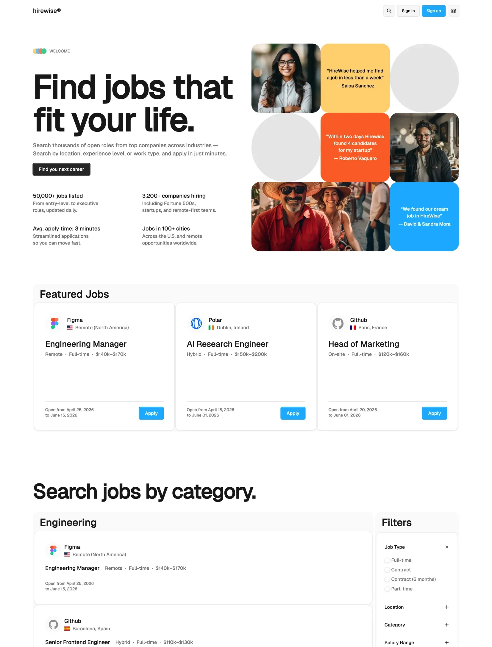 Hirewise job board homepage layout