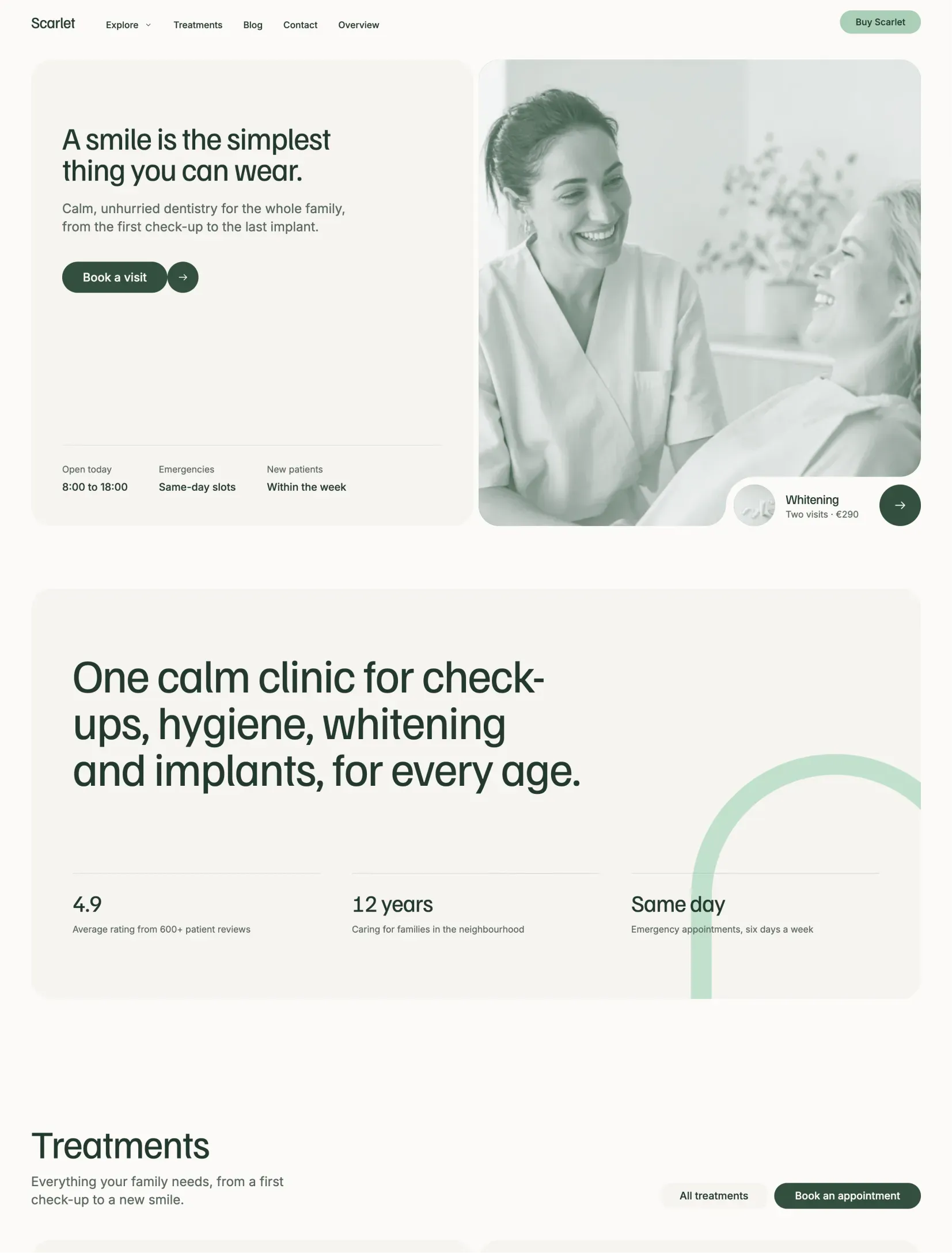 Scarlet dental clinic homepage with split hero and clinic stats