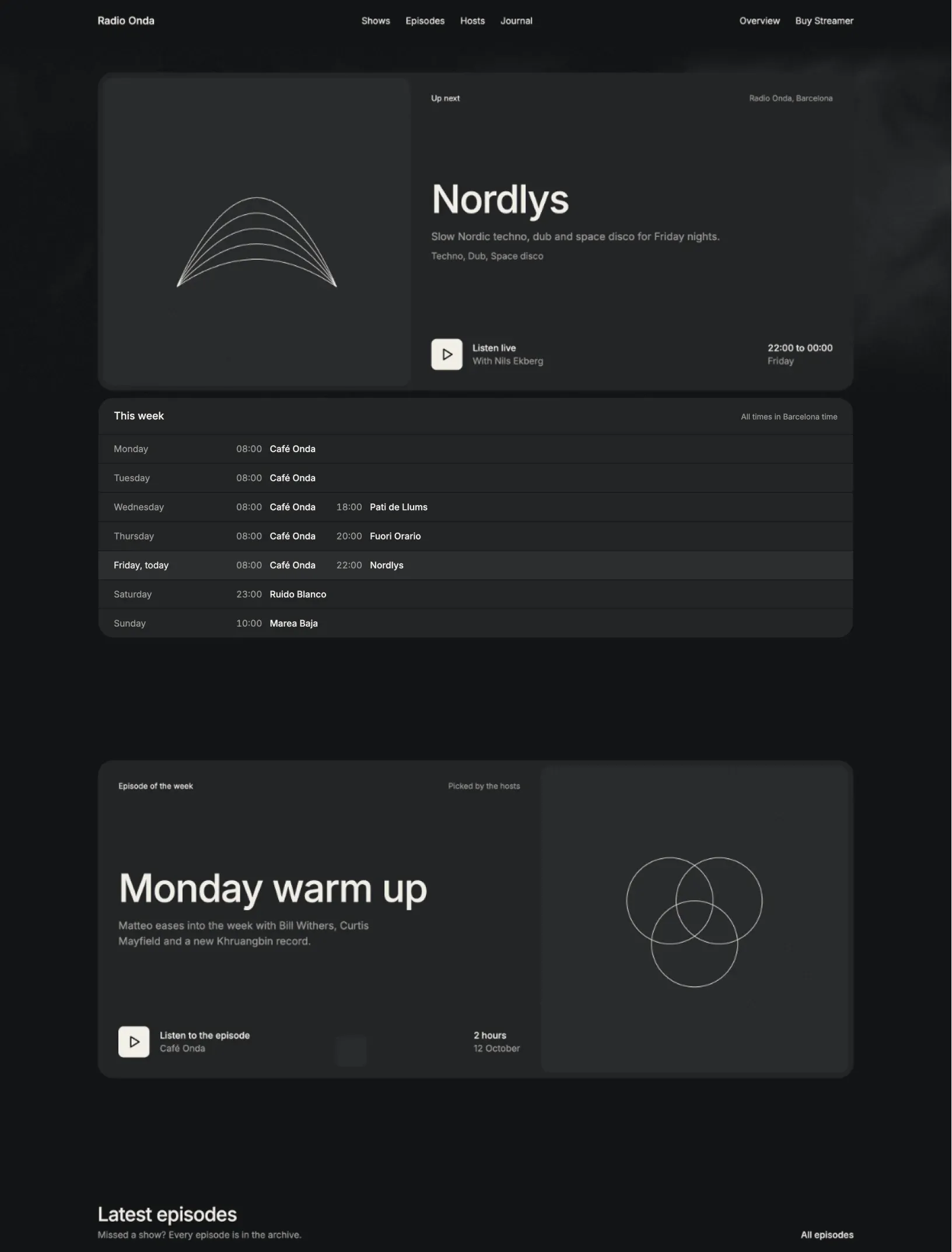 Streamer home page with the live player card for Nordlys, its line drawn cover, play button and air time, the This week schedule card with today highlighted, and the episode of the week card