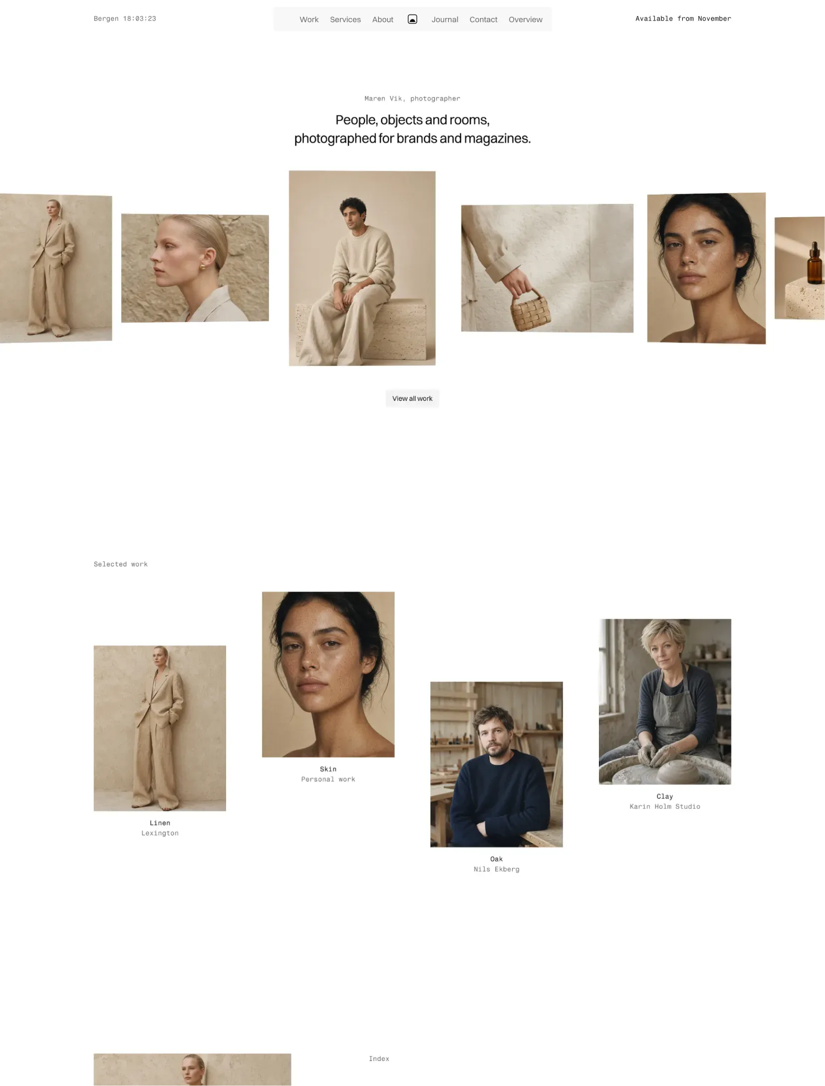 Semplice homepage with a drifting ribbon of photos under a short line and a staggered grid of selected work