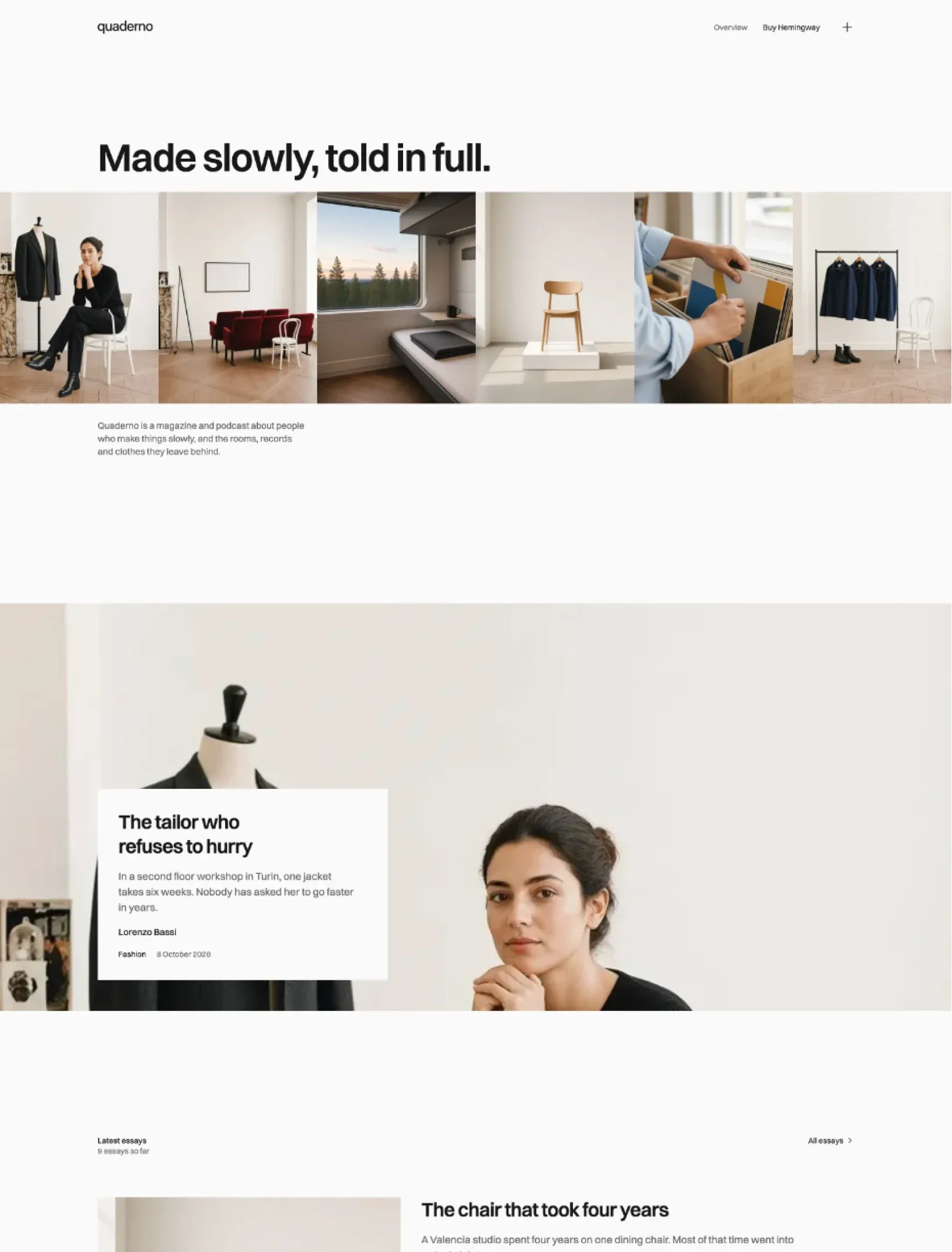Hemingway home page with a heading over a strip of six photographs, then a full bleed portrait of a tailor with the lead story in a white card on top