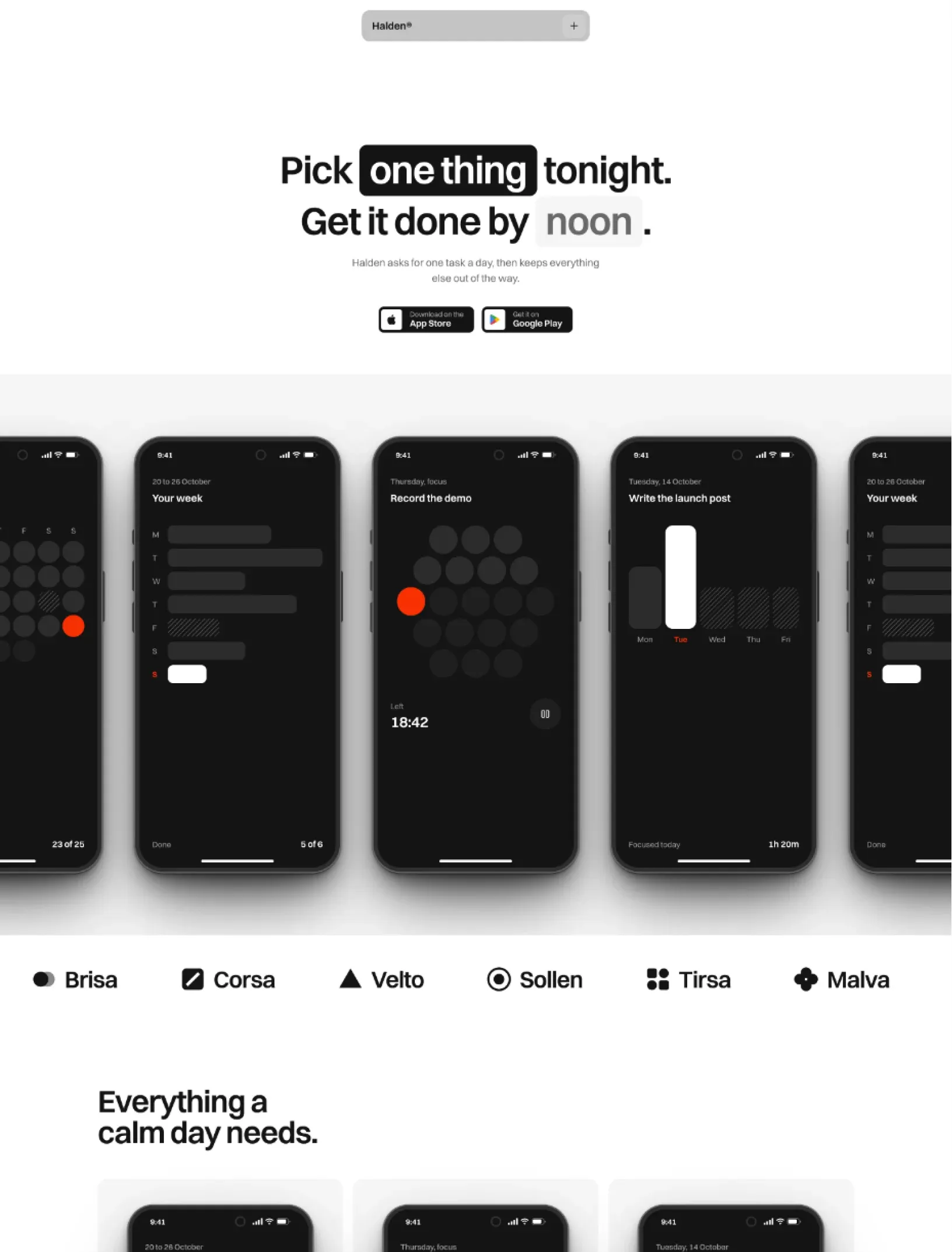 Halden homepage with the headline Pick one thing tonight, store buttons and a full width row of dark app screens on a grey band