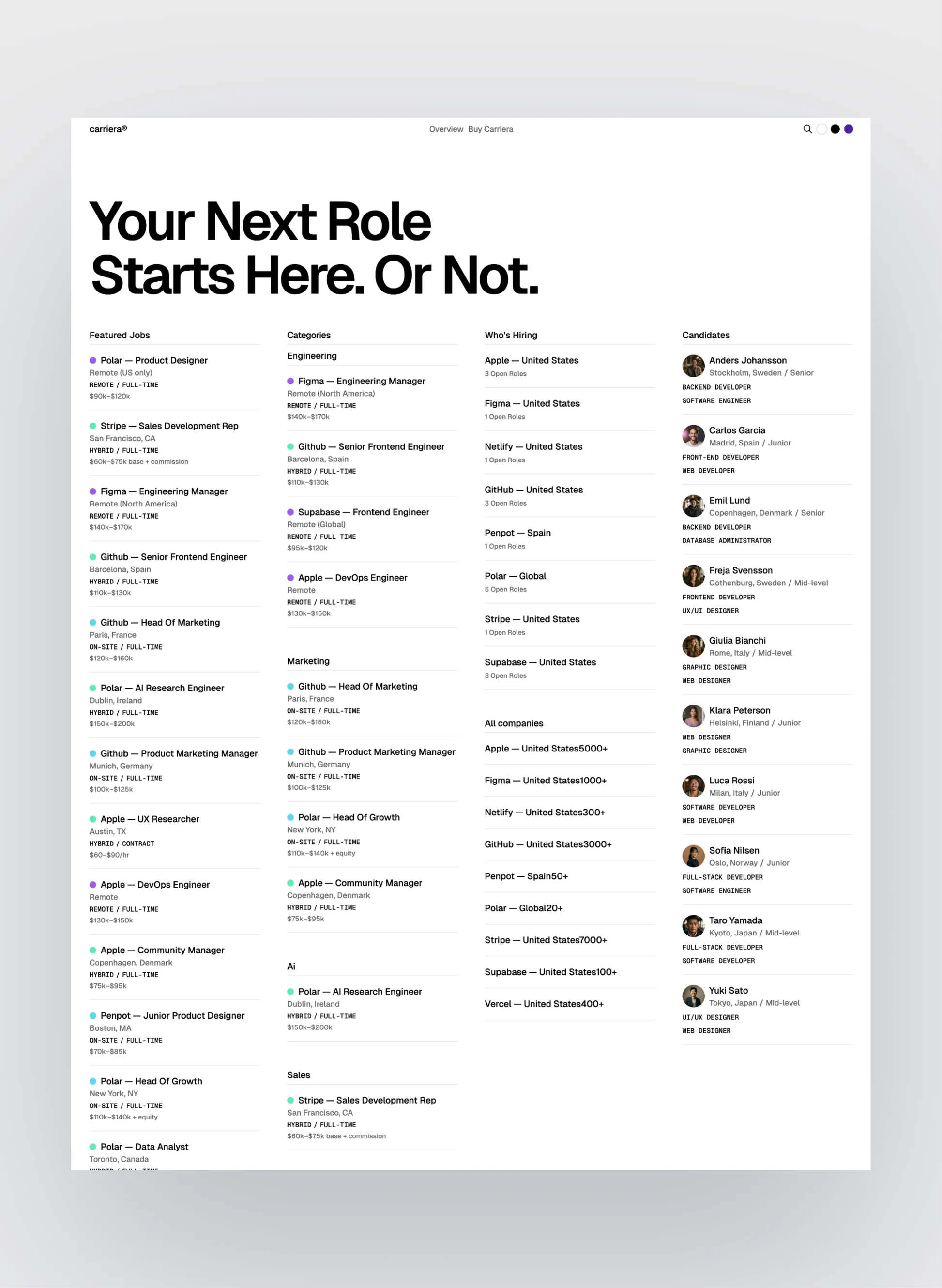 Carriera job board homepage layout