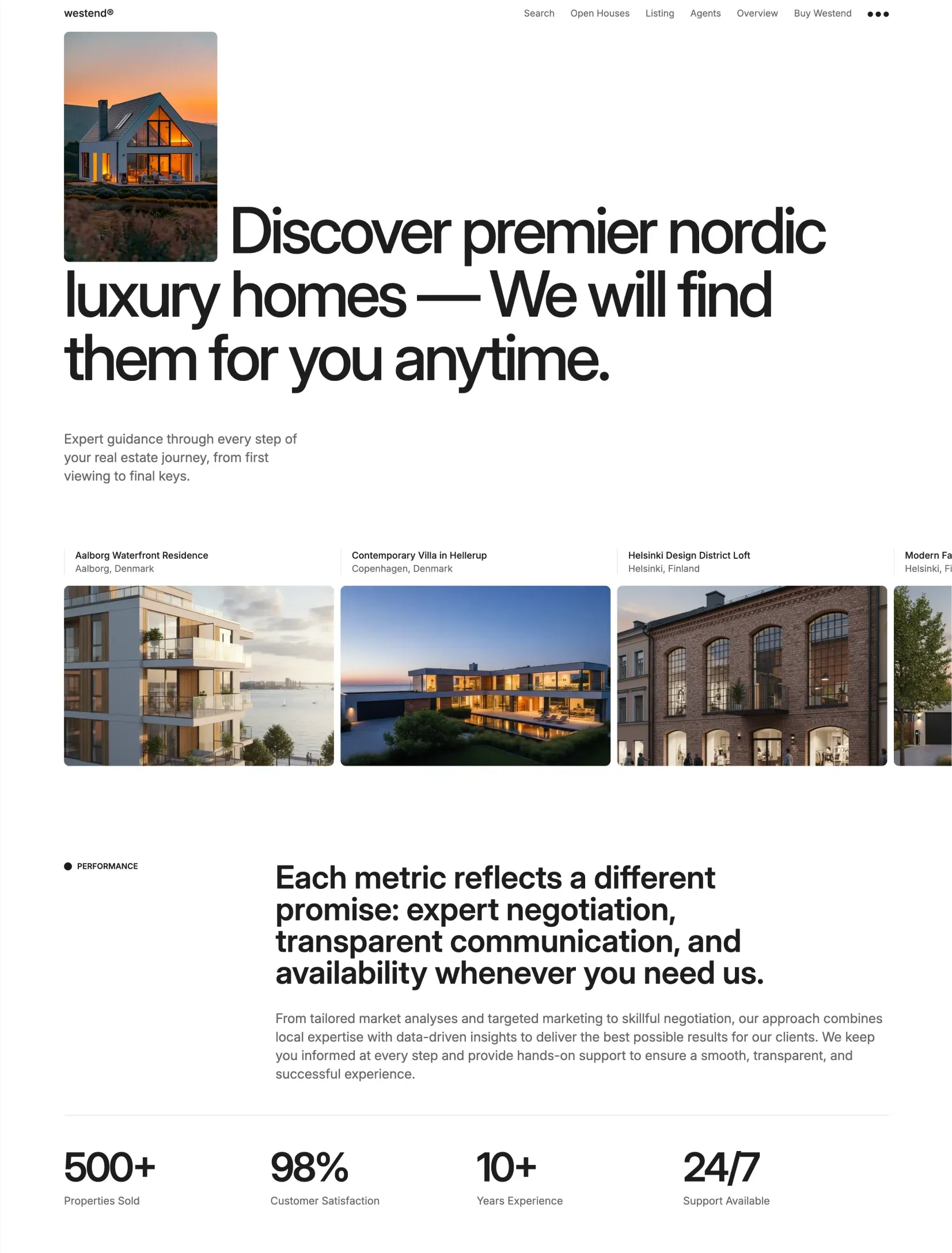 Westend homepage layout showcasing clean luxury listings
