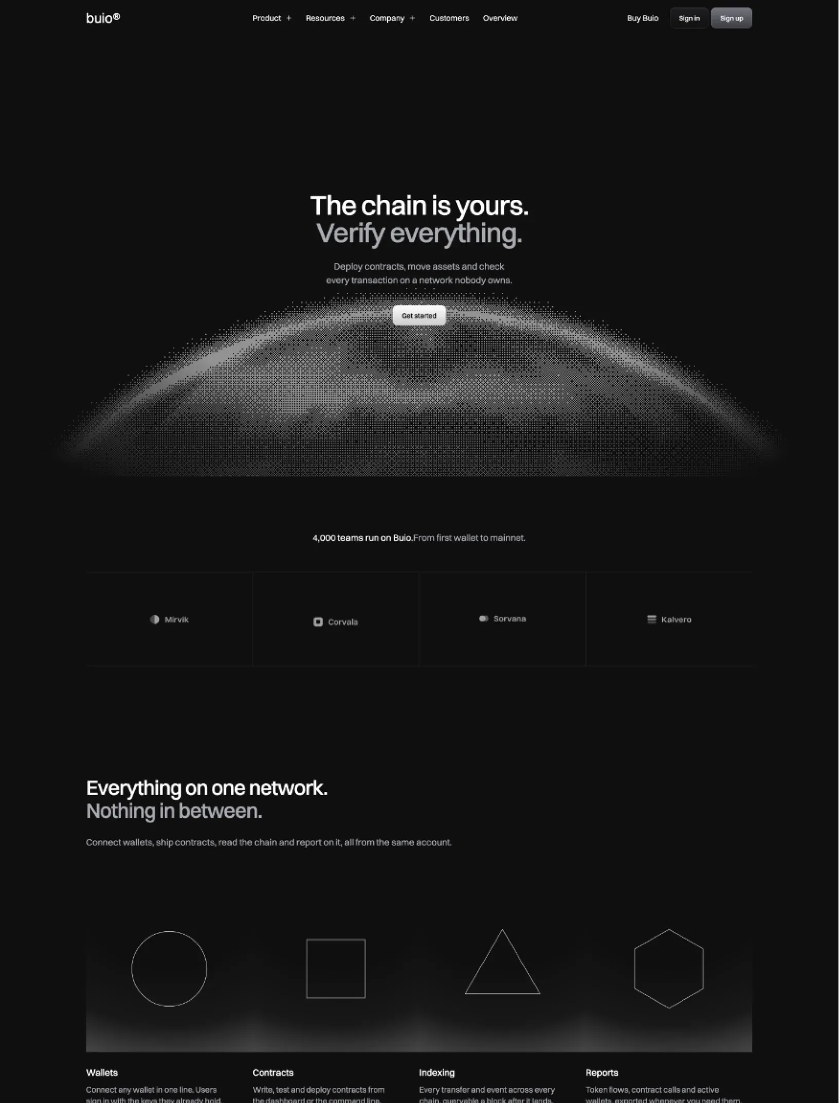 Buio home with The chain is yours, Verify everything centred over a dithered planet, the customer logo row, and Everything on one network with circle, square, triangle and hexagon line shapes