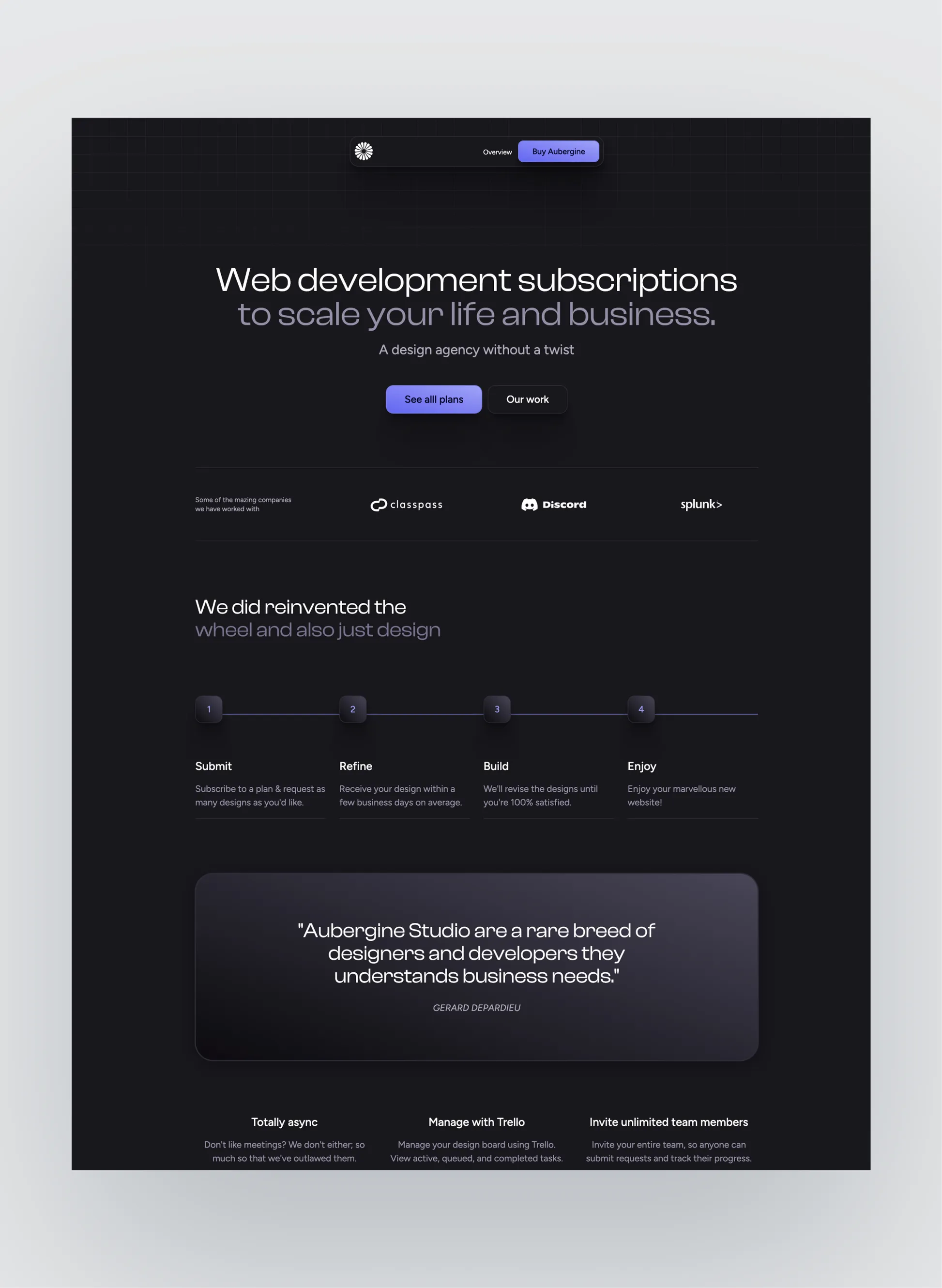 Aubergine agency homepage layout