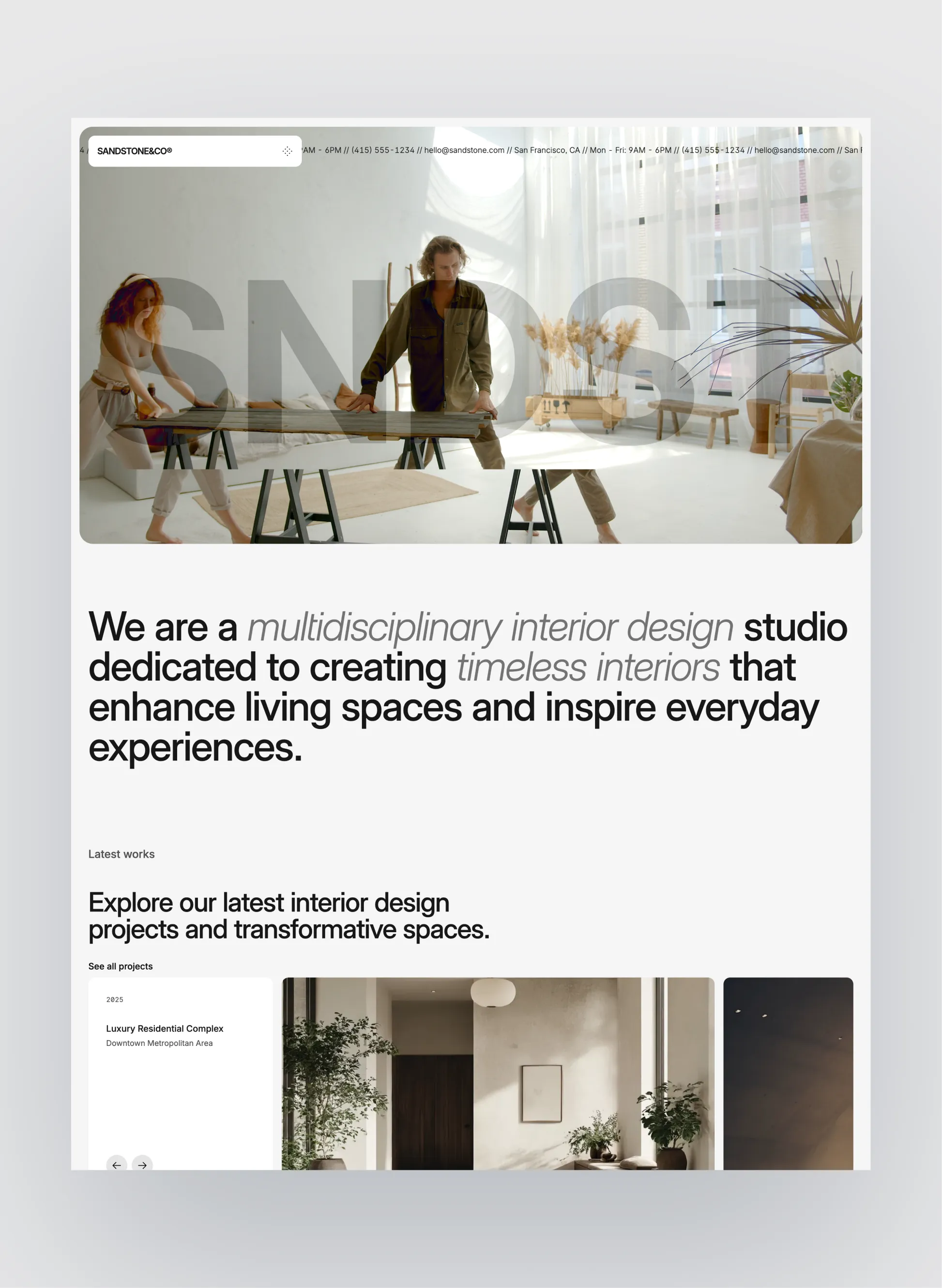 Sandstone interior design studio homepage layout