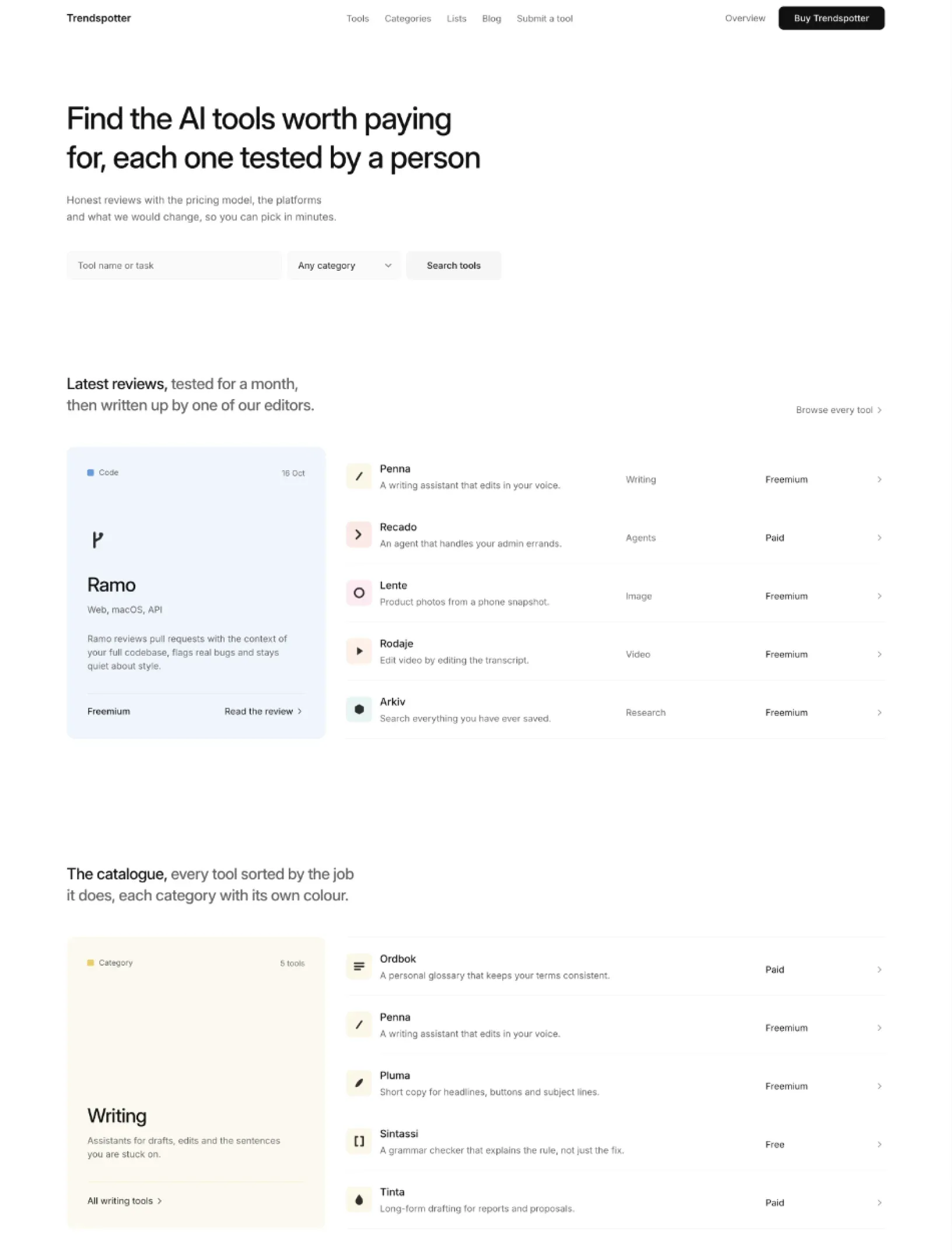 Trendspotter home with the headline find the AI tools worth paying for, a tool search, the latest reviews with a featured card for Ramo, and the writing chapter of the catalogue
