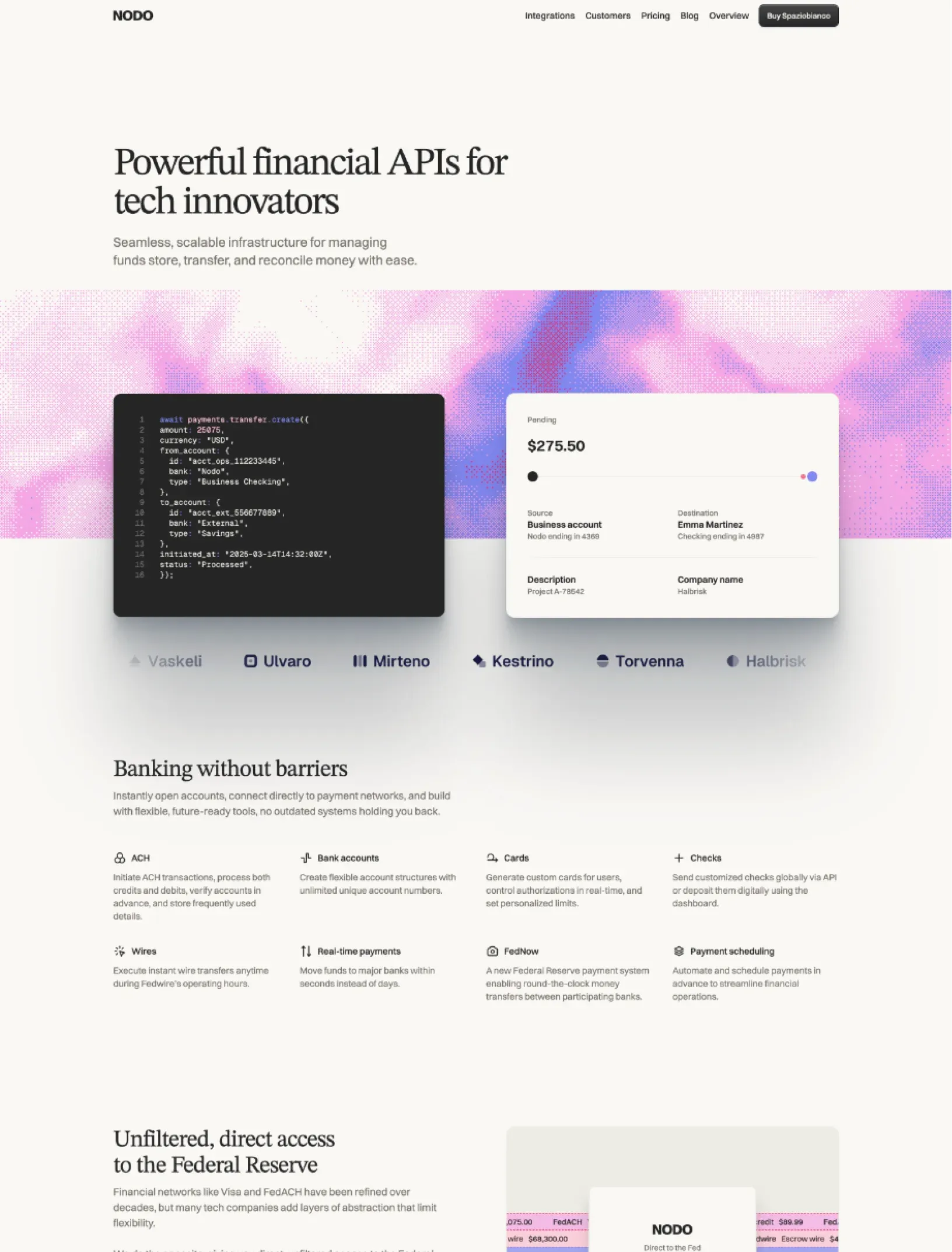 Spaziobianco fintech homepage with a serif hero, dithered pink and periwinkle shader, code sample and transfer card