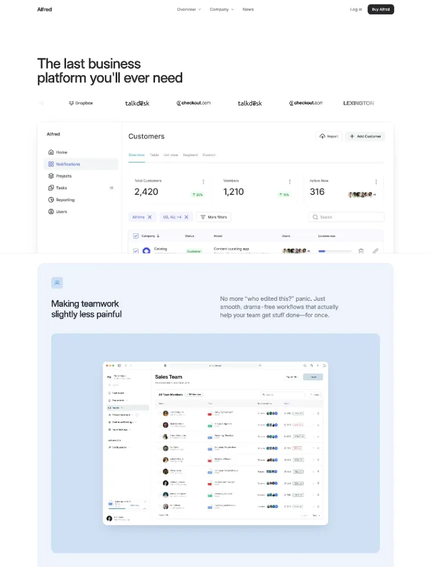 Alfred homepage hero with the dashboard and logo marquee
