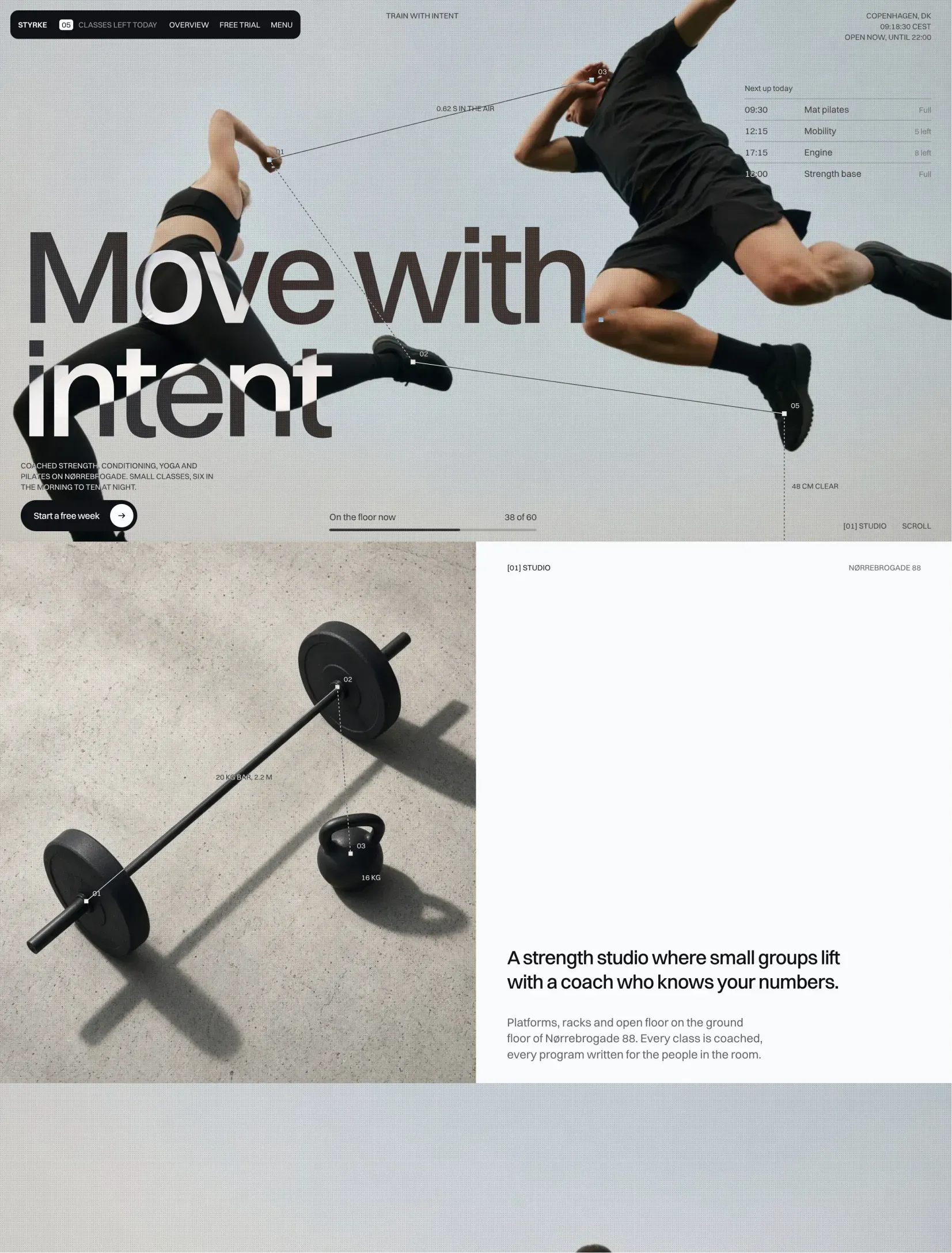 Coleman gym homepage with two athletes mid-jump, measured points over them and the next classes of the day