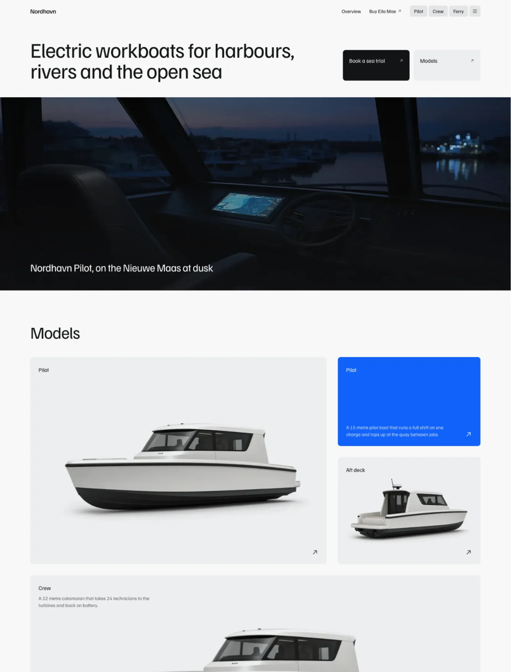 Ella Mae homepage with an electric workboat headline, a wheelhouse photo at dusk and the models grid