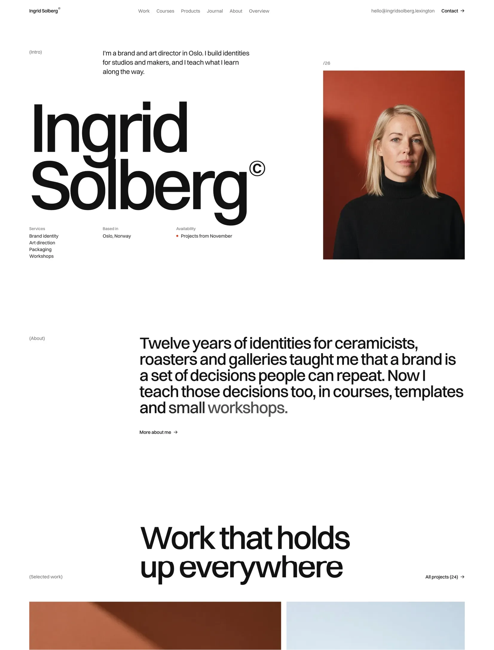 Pro FolioX homepage with a huge name, a portrait on red and an intro that fills in as you scroll