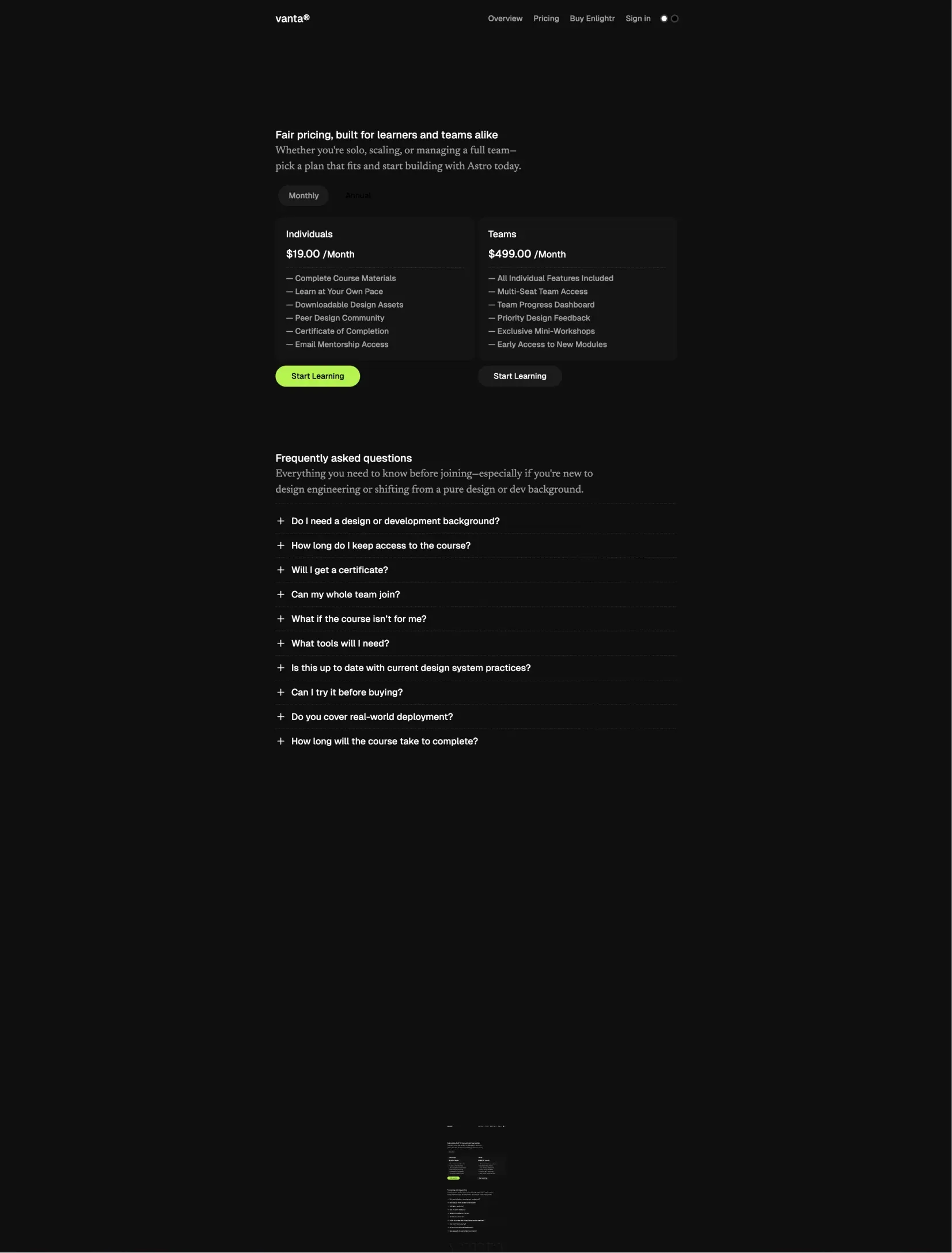 Vanta pricing section