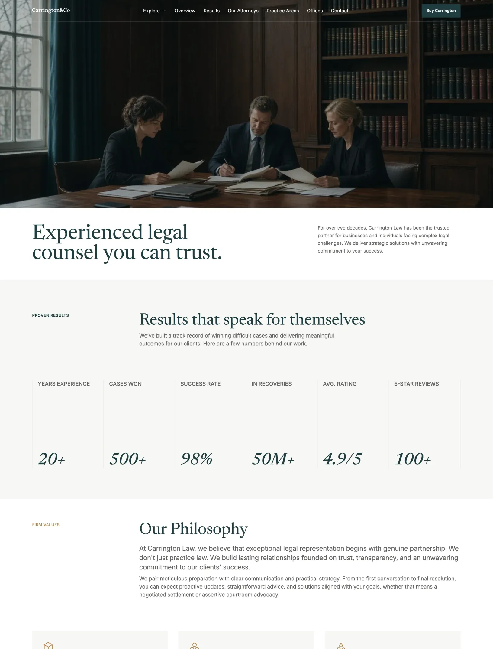 Carrington homepage with a library hero photo, proven results stats and the firm philosophy