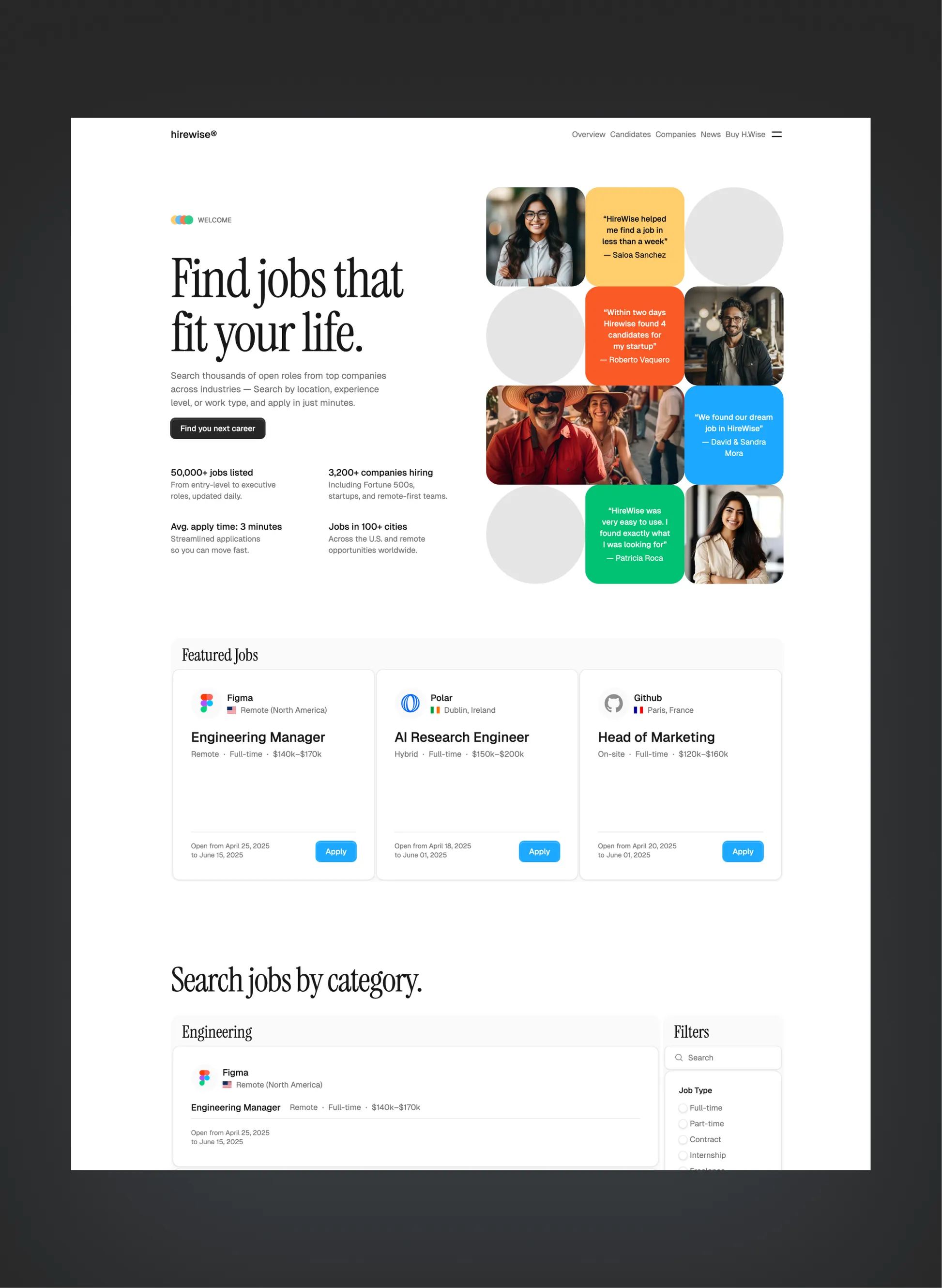 Hirewise job board homepage layout