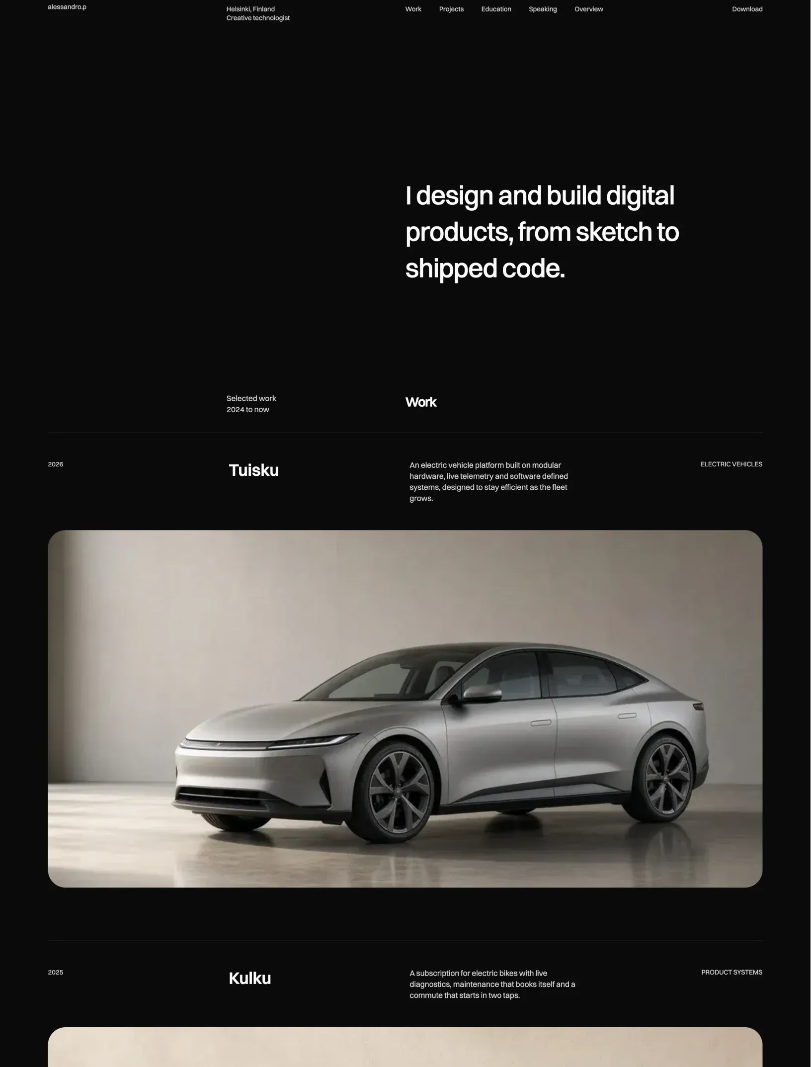 Prima Persona home in dark mode with I design and build digital products as the intro, the Work section and Tuisku with a silver electric car