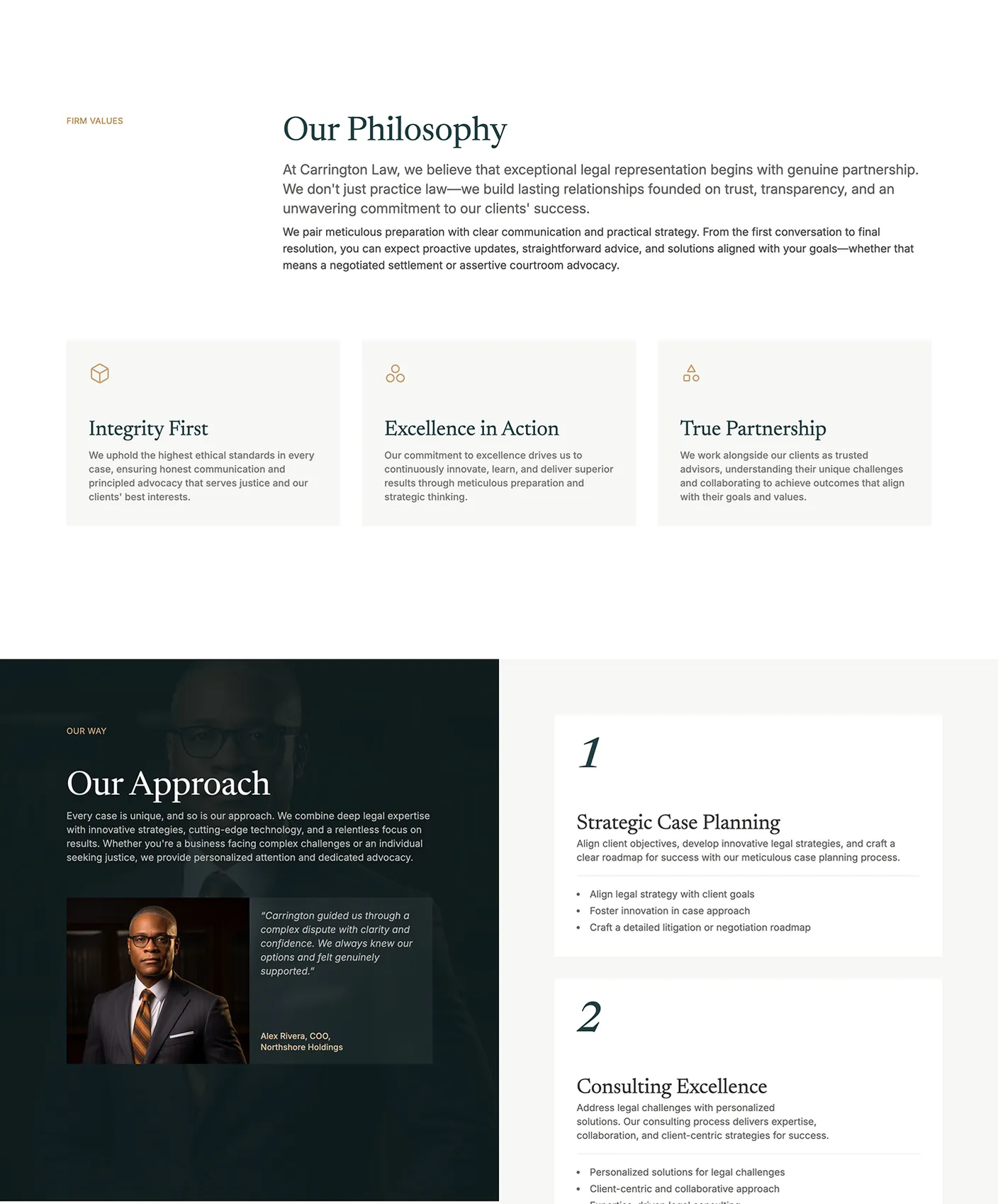 Carrington legal services landing page with clean retro-modern design