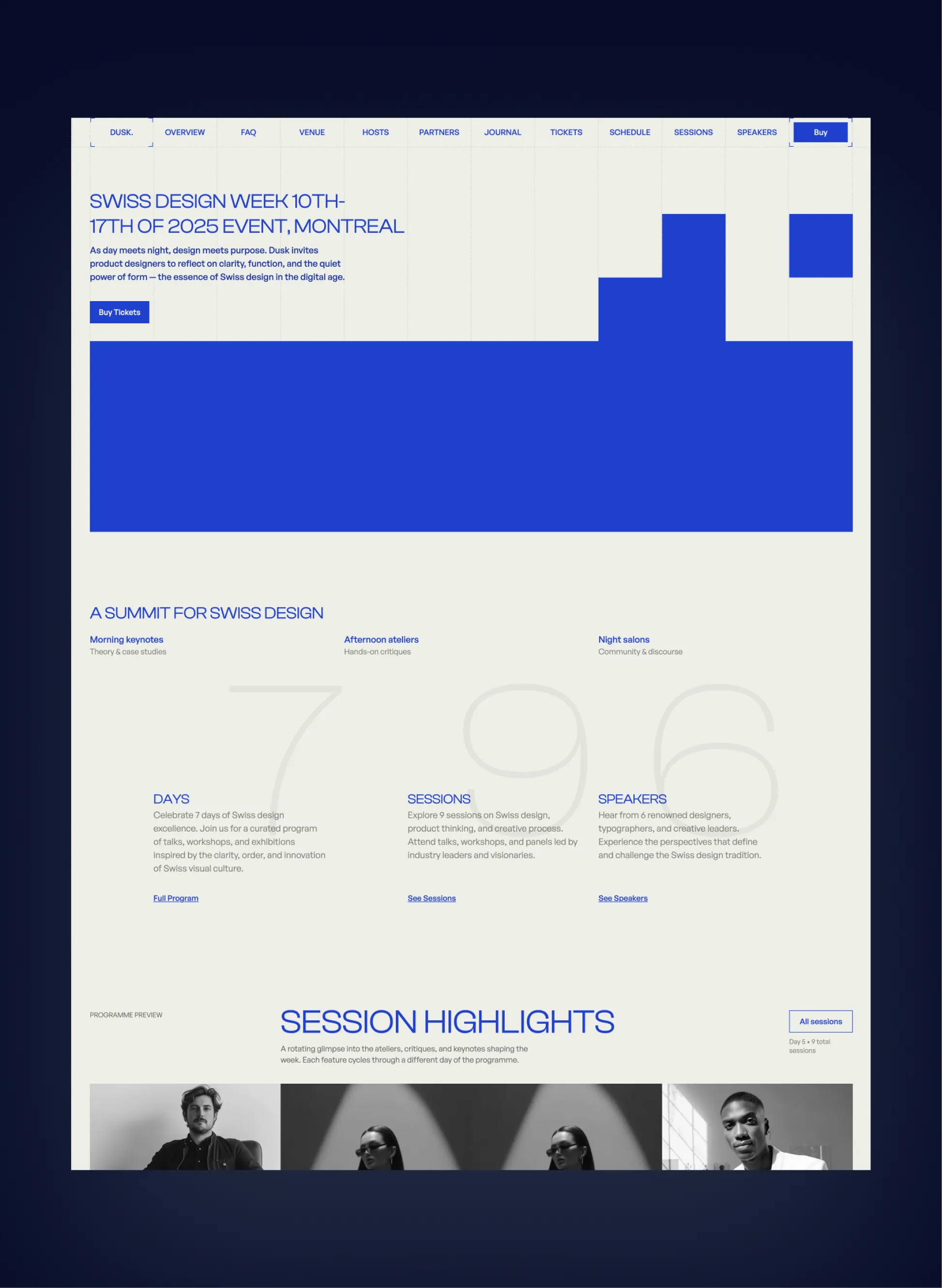 Dusk event landing page with structured layout