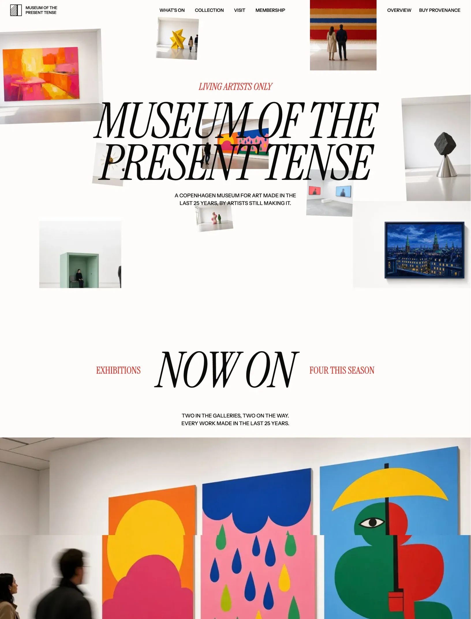 Offcut home with the huge italic museum name over scattered works in white galleries, a red Living artists only kicker, then the Now on title and a wide photo of three bright paintings with visitors walking past