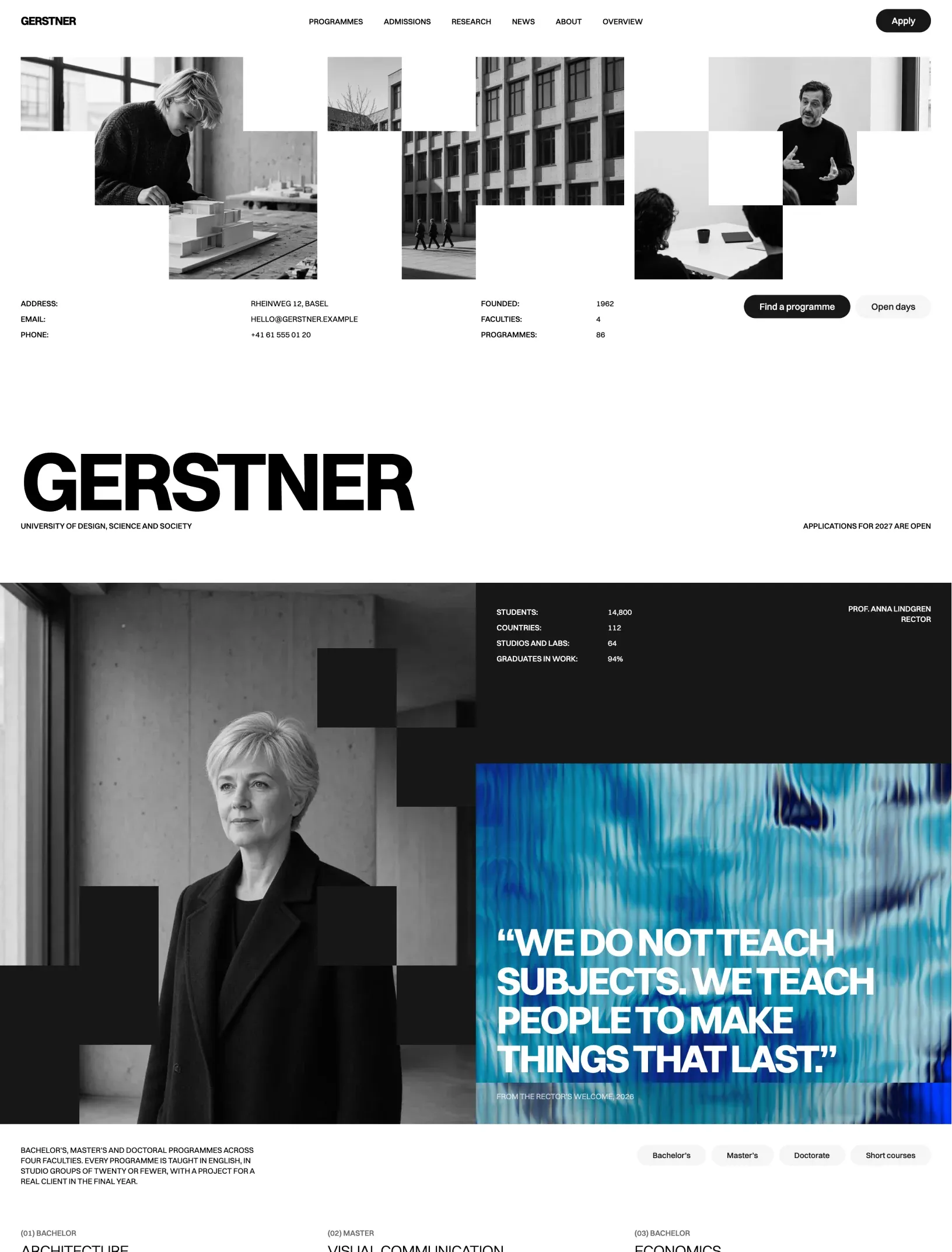 Gerstner university homepage with cut-out campus photos, the wordmark, the rector's portrait and a quote on a blue shader