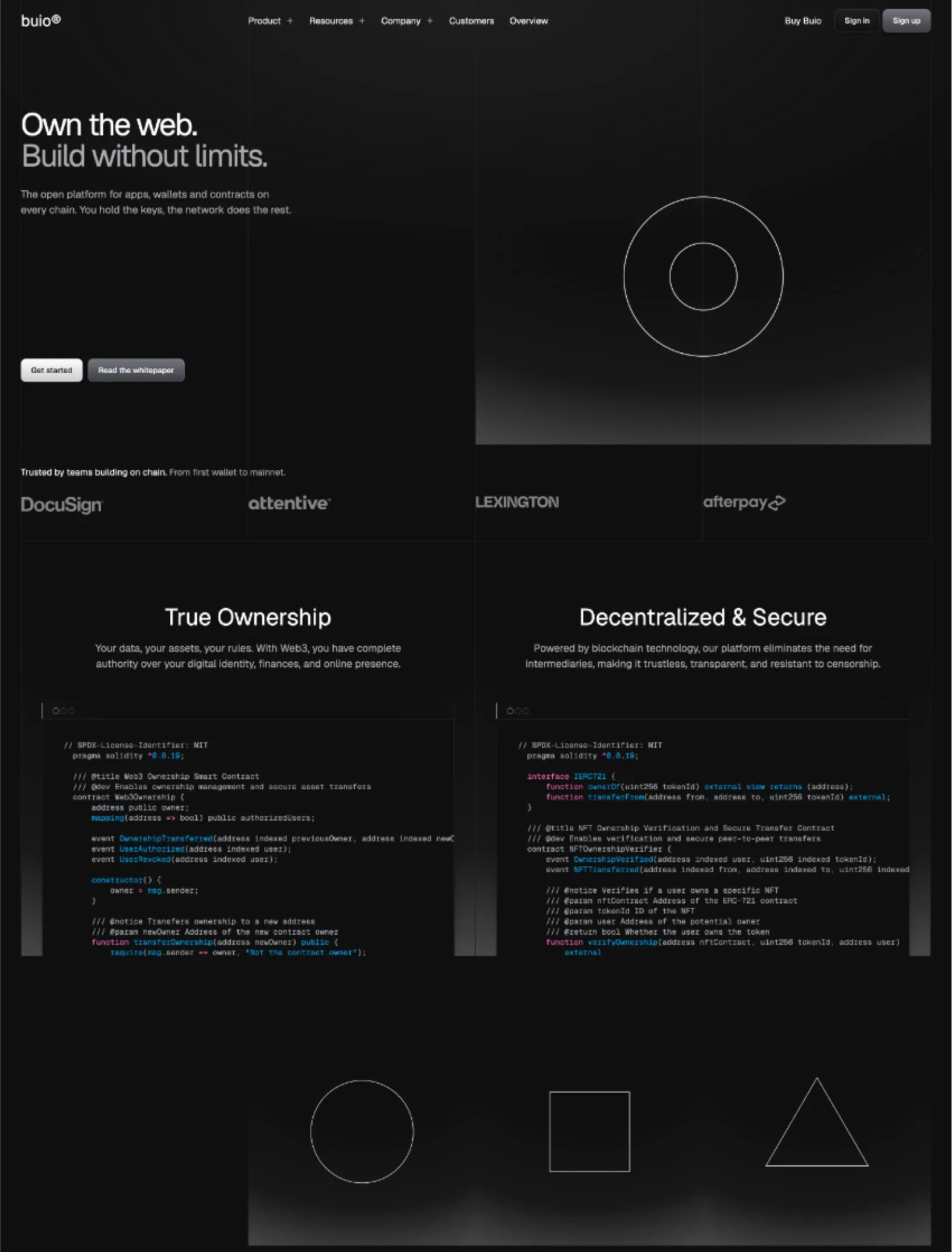 Buio home with Own the web, Build without limits beside a grey gradient panel with concentric circles, the logo cloud, and two code windows for true ownership and decentralized security