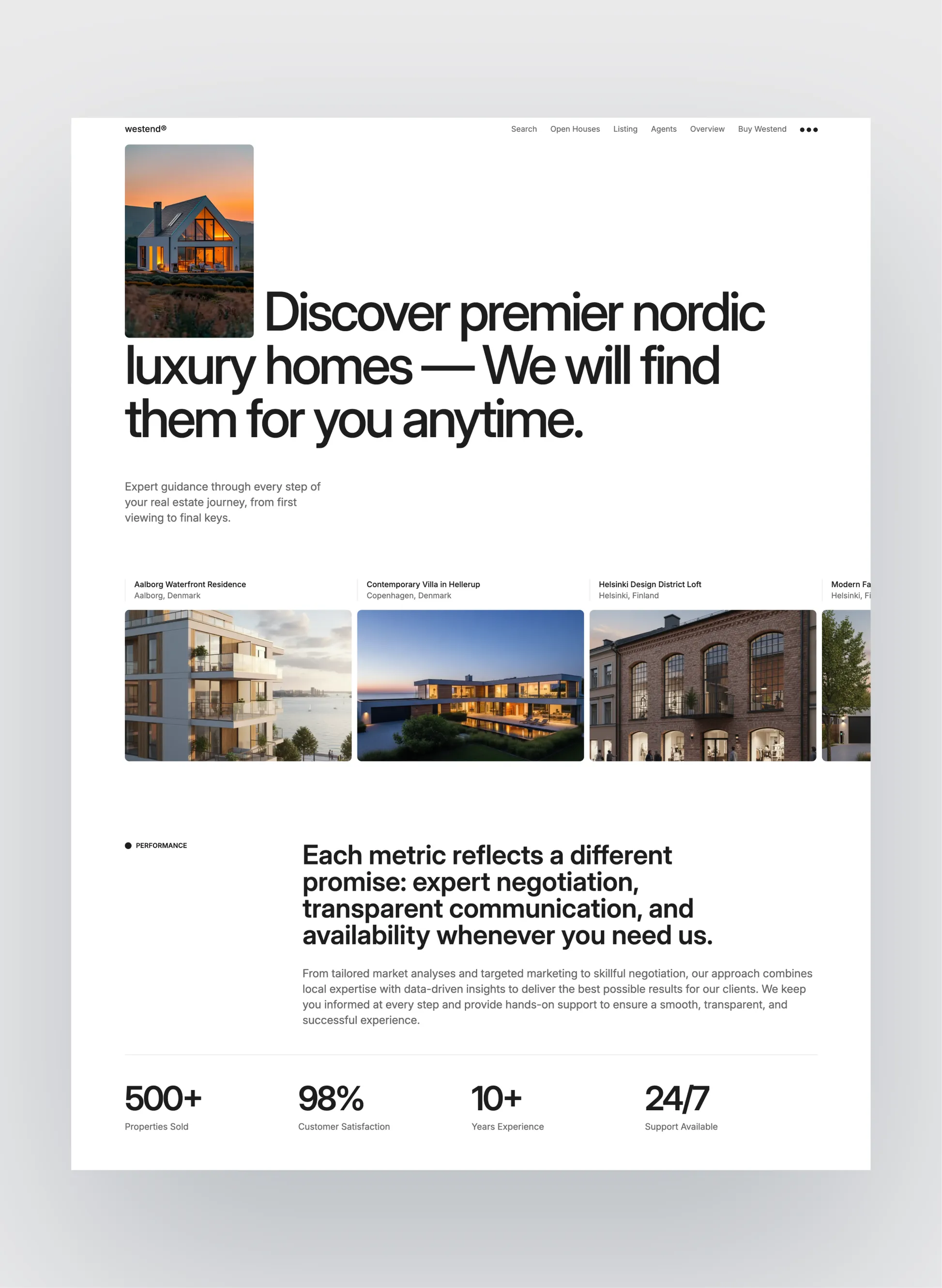 Westend homepage layout showcasing clean luxury listings