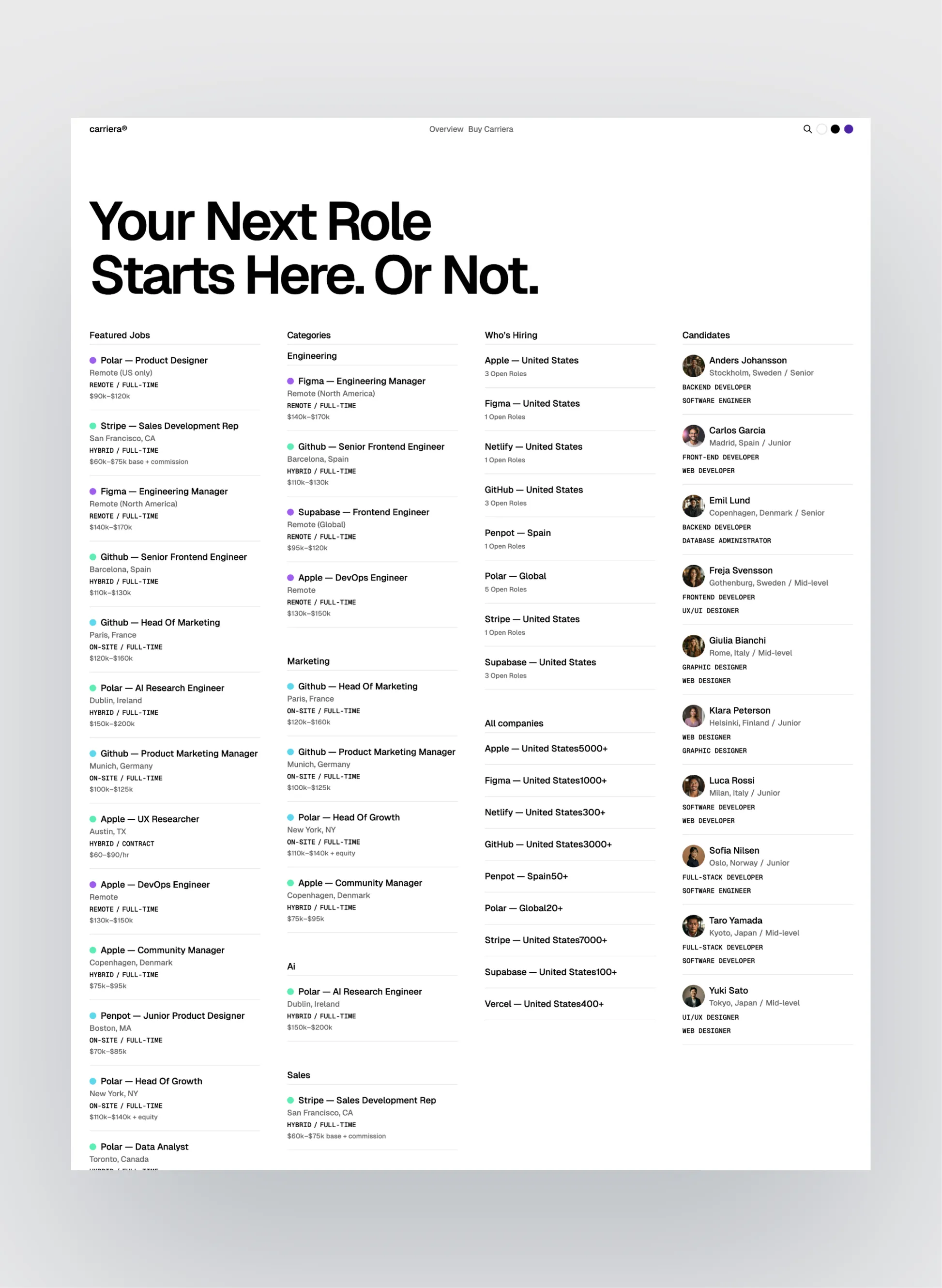 Carriera job board homepage layout