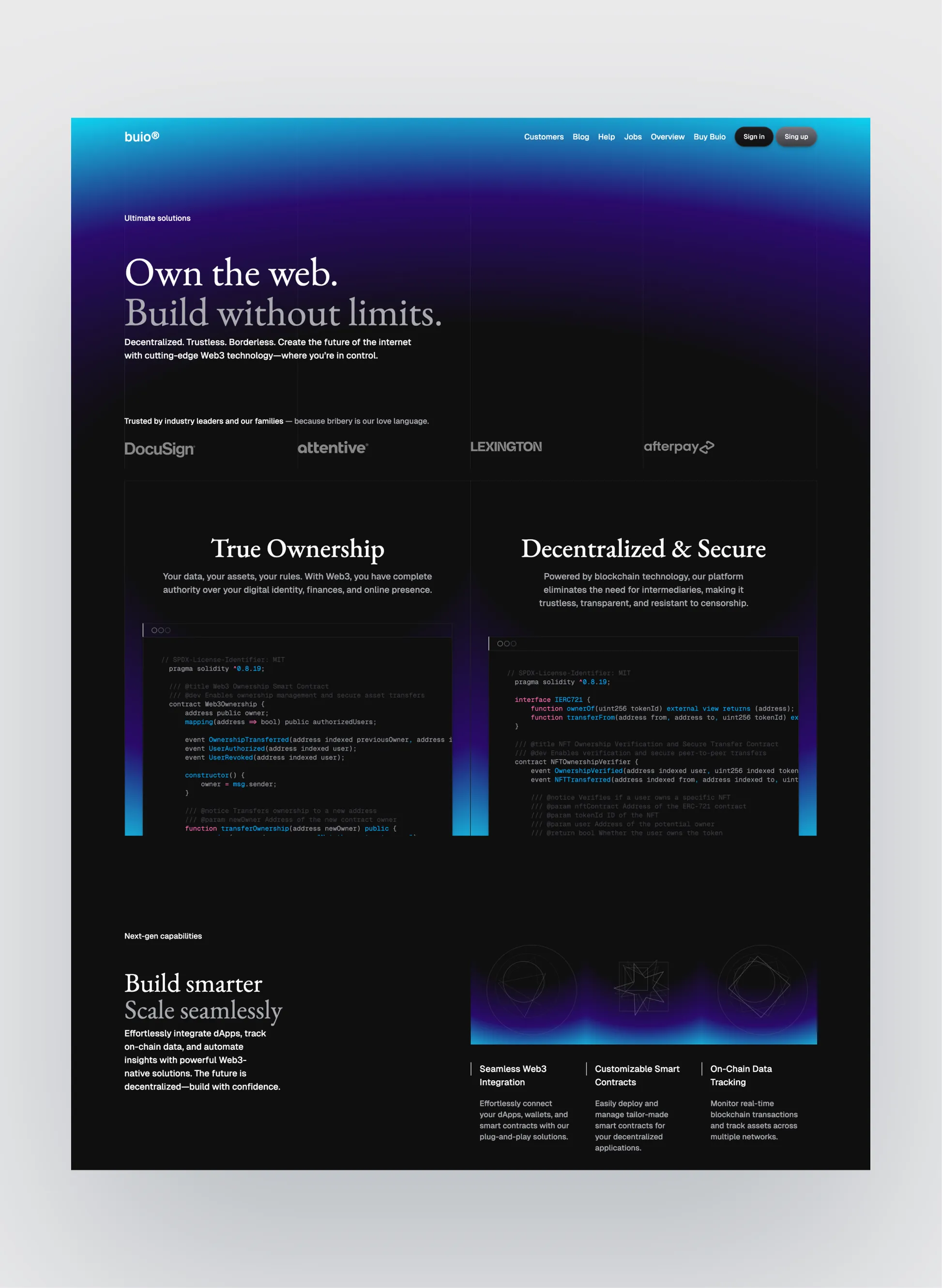 Buio Web3 homepage layout